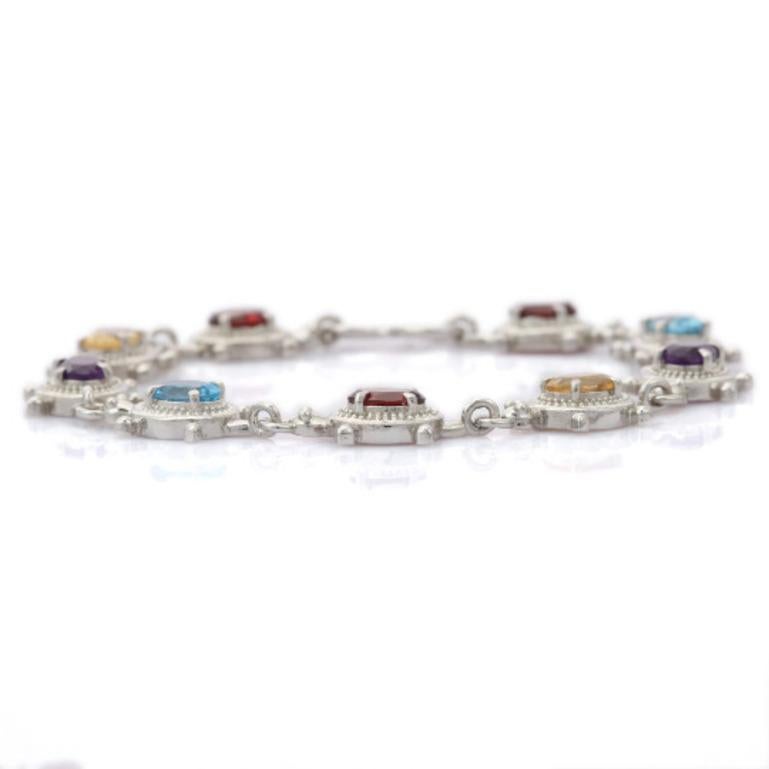 Art Deco 9 Carat Multi Gemstone Link Bracelet Gift for Mom Jewelry in 925 Sterling Silver For Sale