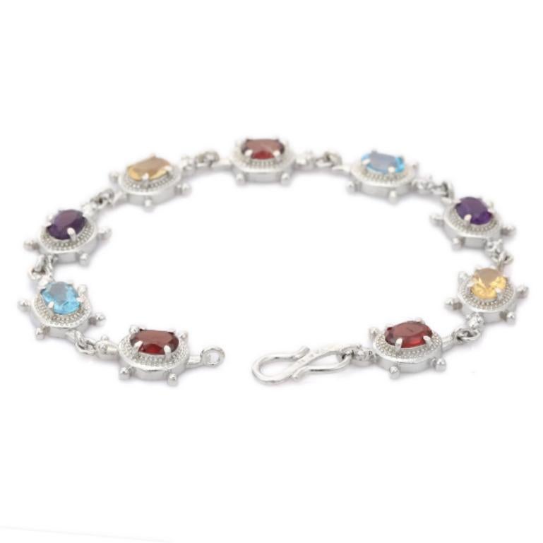 Oval Cut 9 Carat Multi Gemstone Link Bracelet Gift for Mom Jewelry in 925 Sterling Silver For Sale