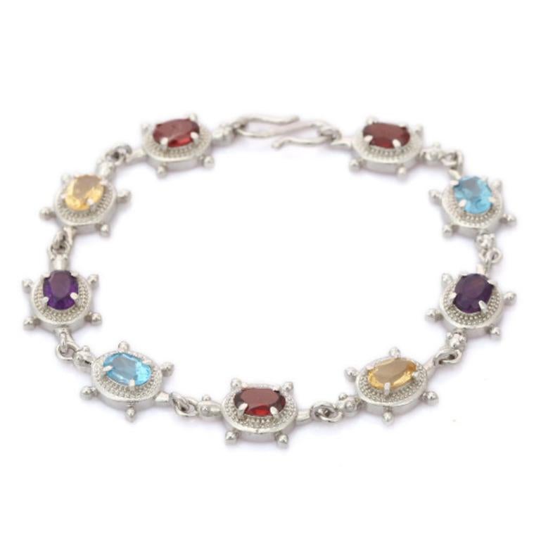 9 Carat Multi Gemstone Link Bracelet Gift for Mom Jewelry in 925 Sterling Silver For Sale 1