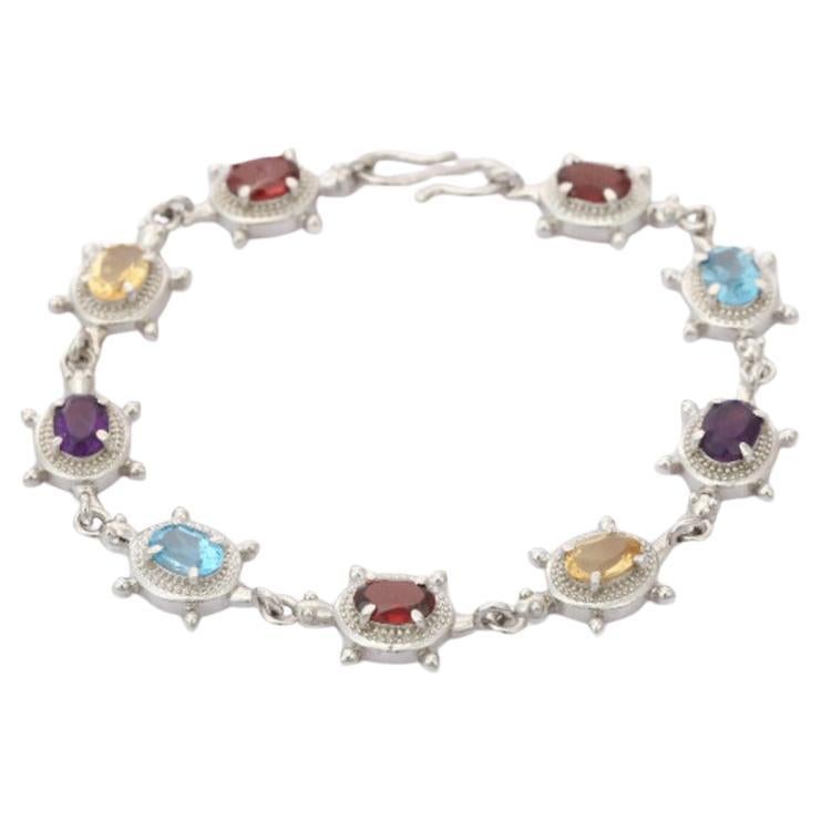 9 Carat Multi Gemstone Link Bracelet Gift for Her in .925 Sterling Silver