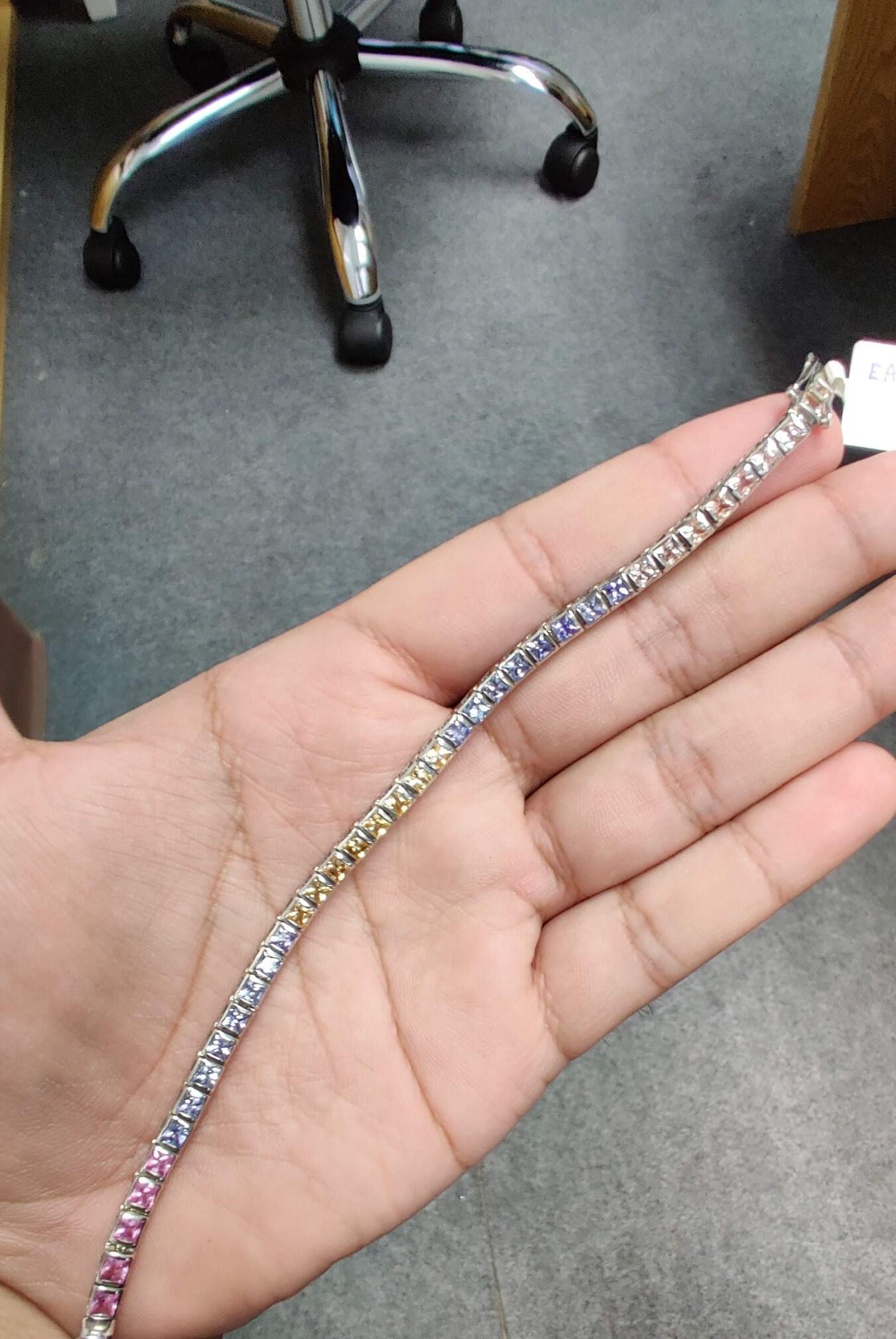 9 Carat Multi Sapphire Studded Rainbow Bracelet in Silver 925 In New Condition For Sale In Bangkok, TH