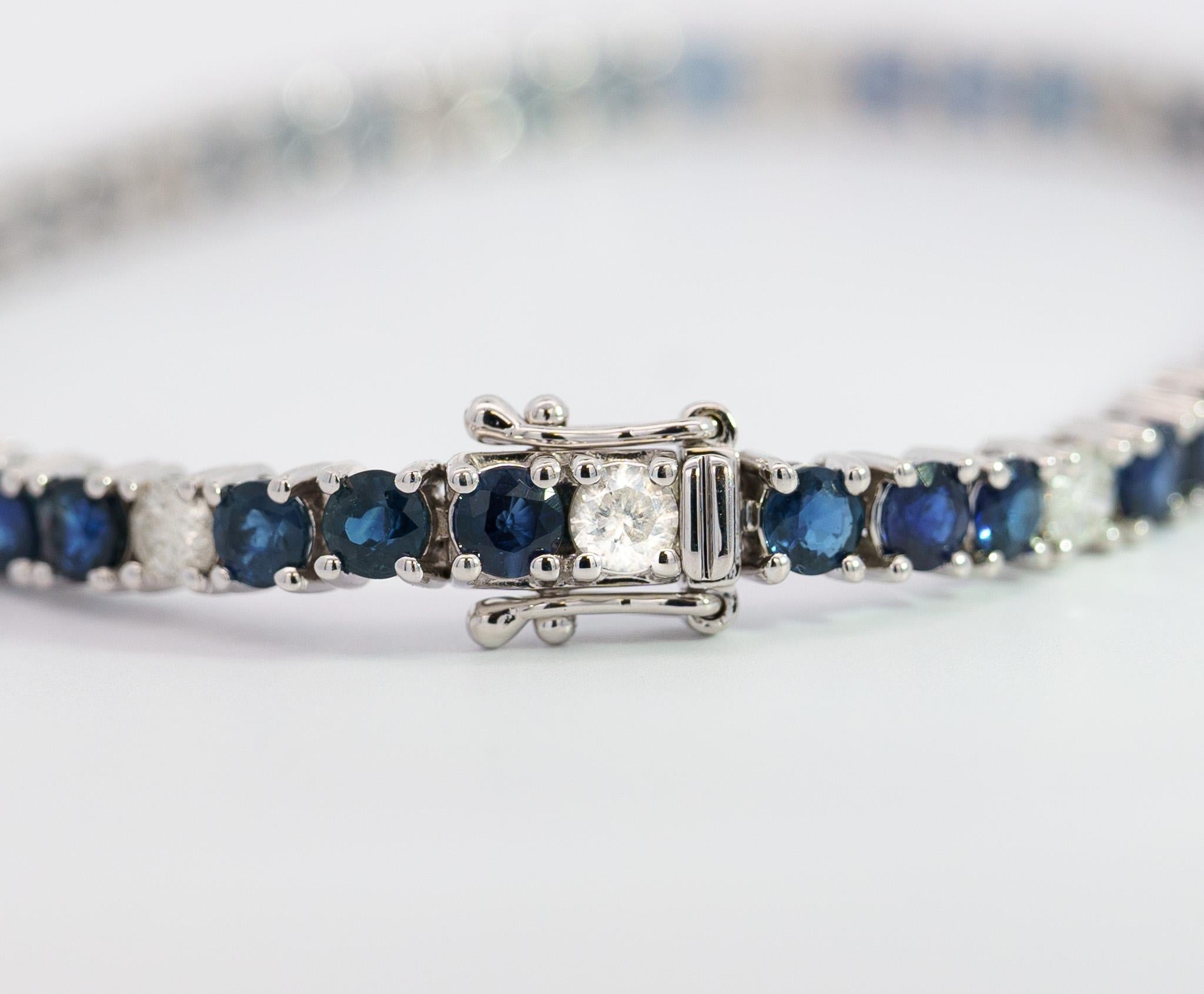 Modern 9 Carat Natural Blue Sapphire & Diamond 3MM Tennis Bracelet in 18K White Gold  For Sale