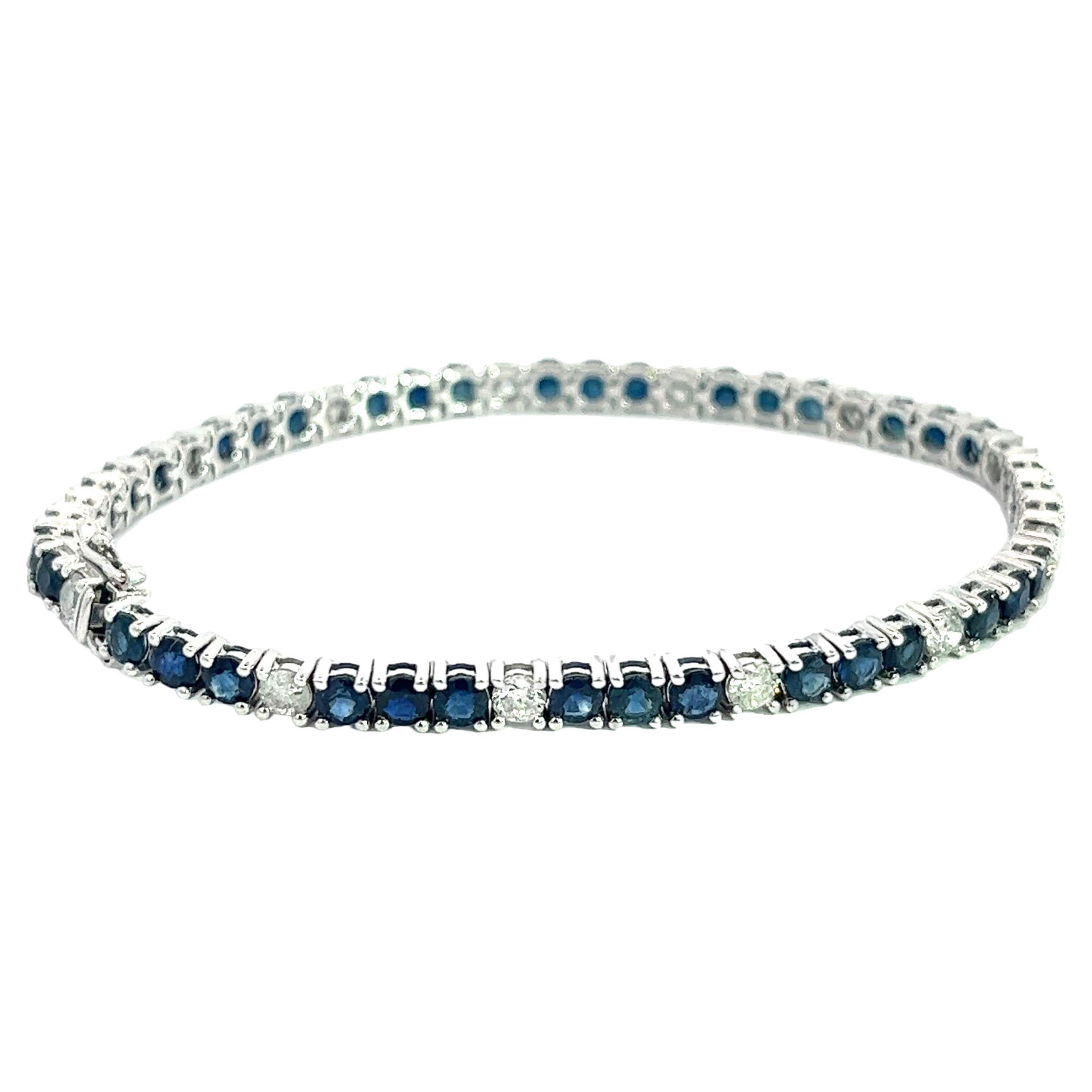 Bracelet tennis 3 mm en or blanc 18 carats, saphir bleu naturel de 9 carats et diamants 