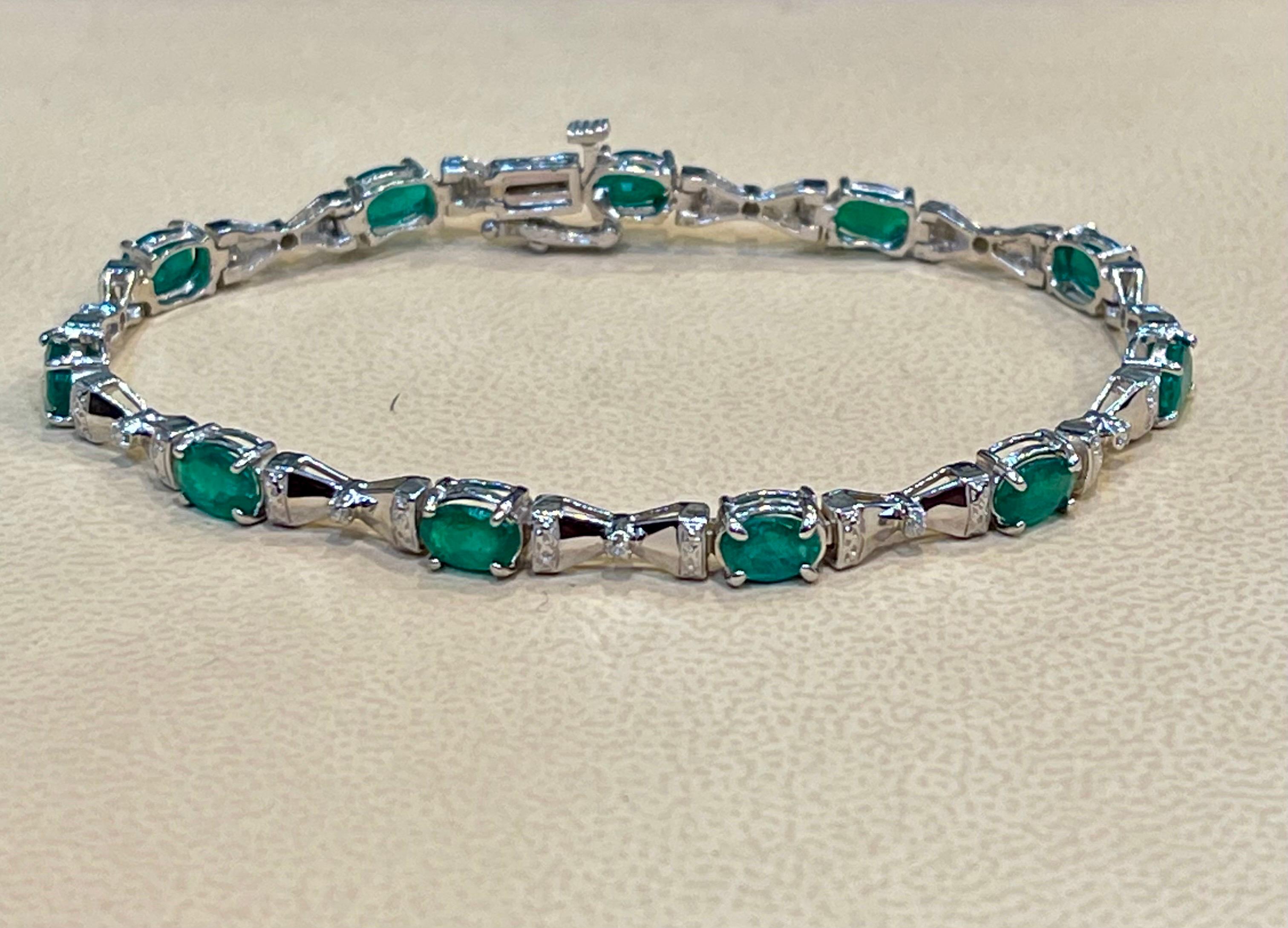 Oval Cut 9 Carat Natural Emerald & Diamond Cocktail Tennis Bracelet 14 Karat White Gold For Sale