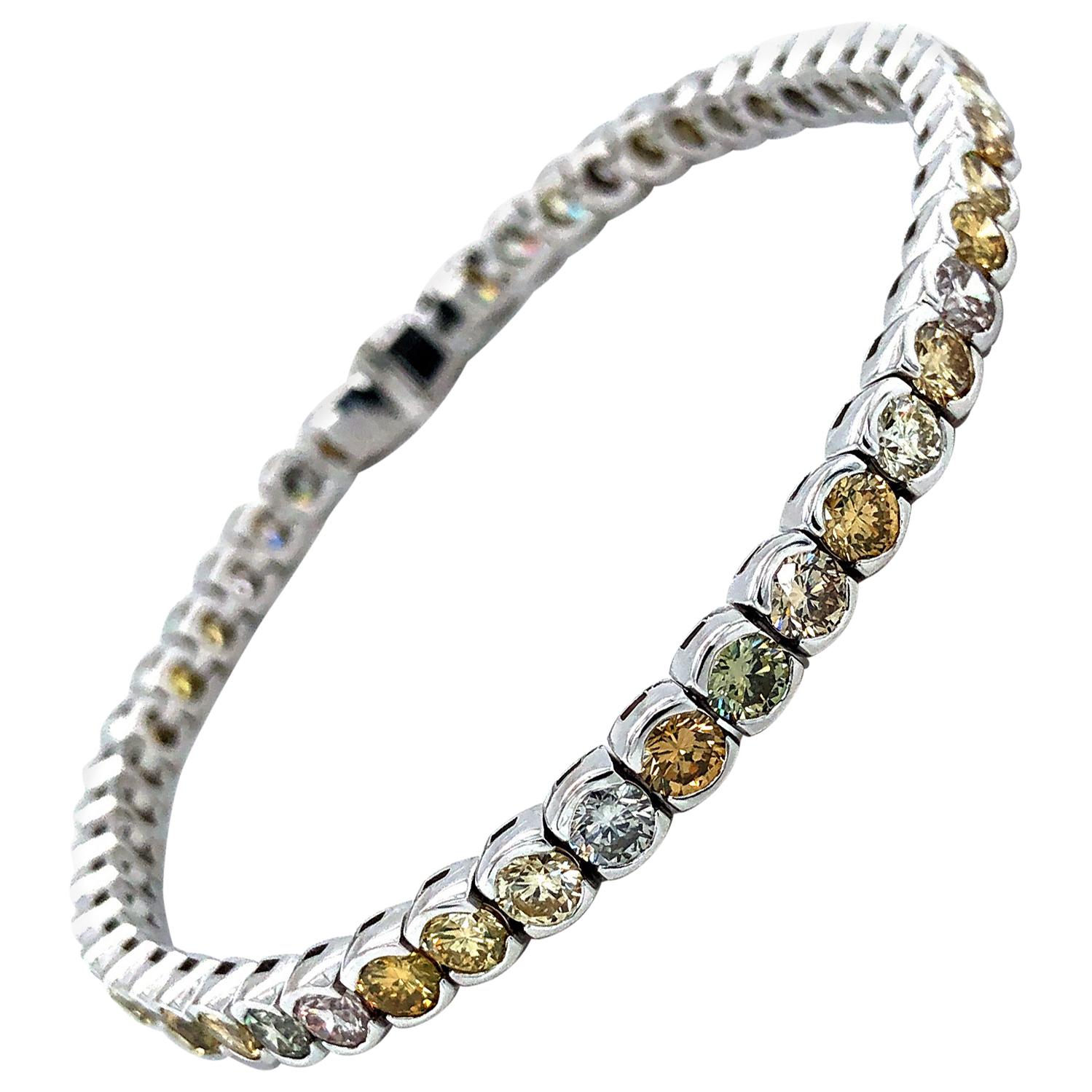 9 Carat Natural Fancy Color Diamonds Tennis Bracelet 18 Karat White Gold