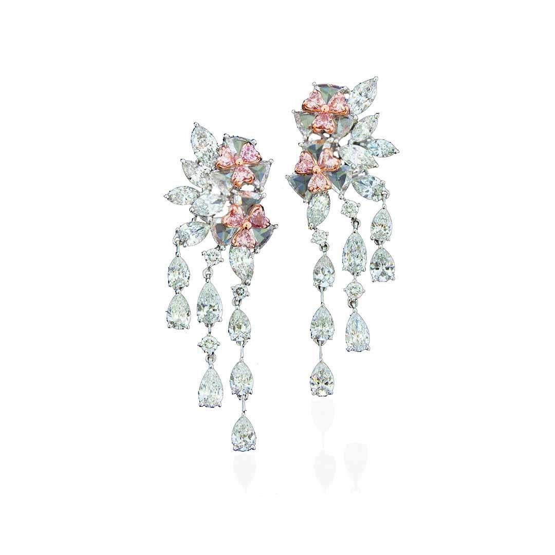 9 Karat Natürlicher Pinker & Farbloser Diamant 18k Weißgold Kronleuchter Tropfenohrringe (Tropfenschliff) im Angebot