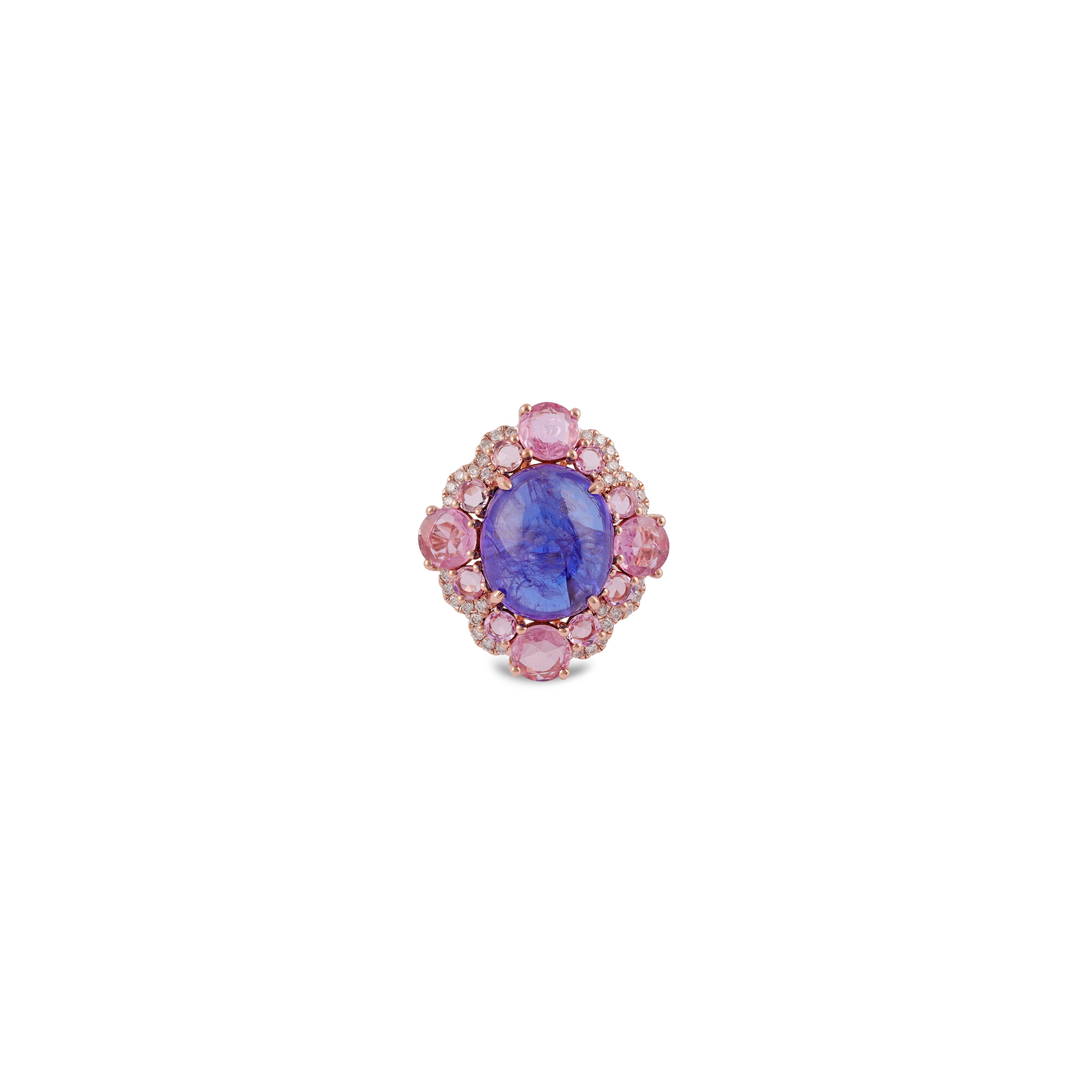 Tanzanite = 9.00 Carat
Sapphire = 2.36 Carats
Diamonds = 0.25 Carat
Metal: 5.65 gm 18K Rose Gold

Ring Size: 7* US

*It can be resized complimentary
