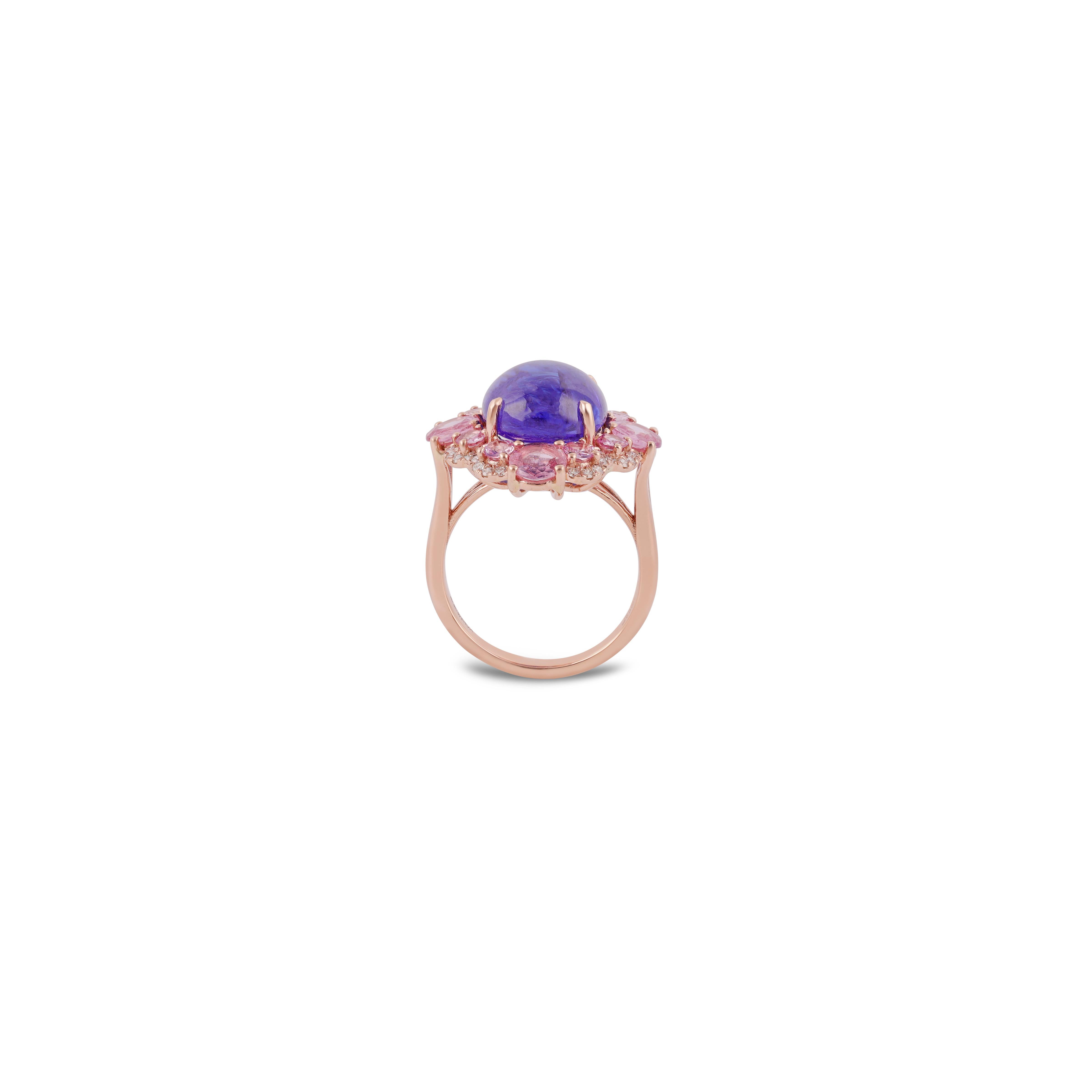Contemporary 9 Carat Natural Tanzanite, Pink Sapphire and Diamond Ring 18k Rose Gold For Sale
