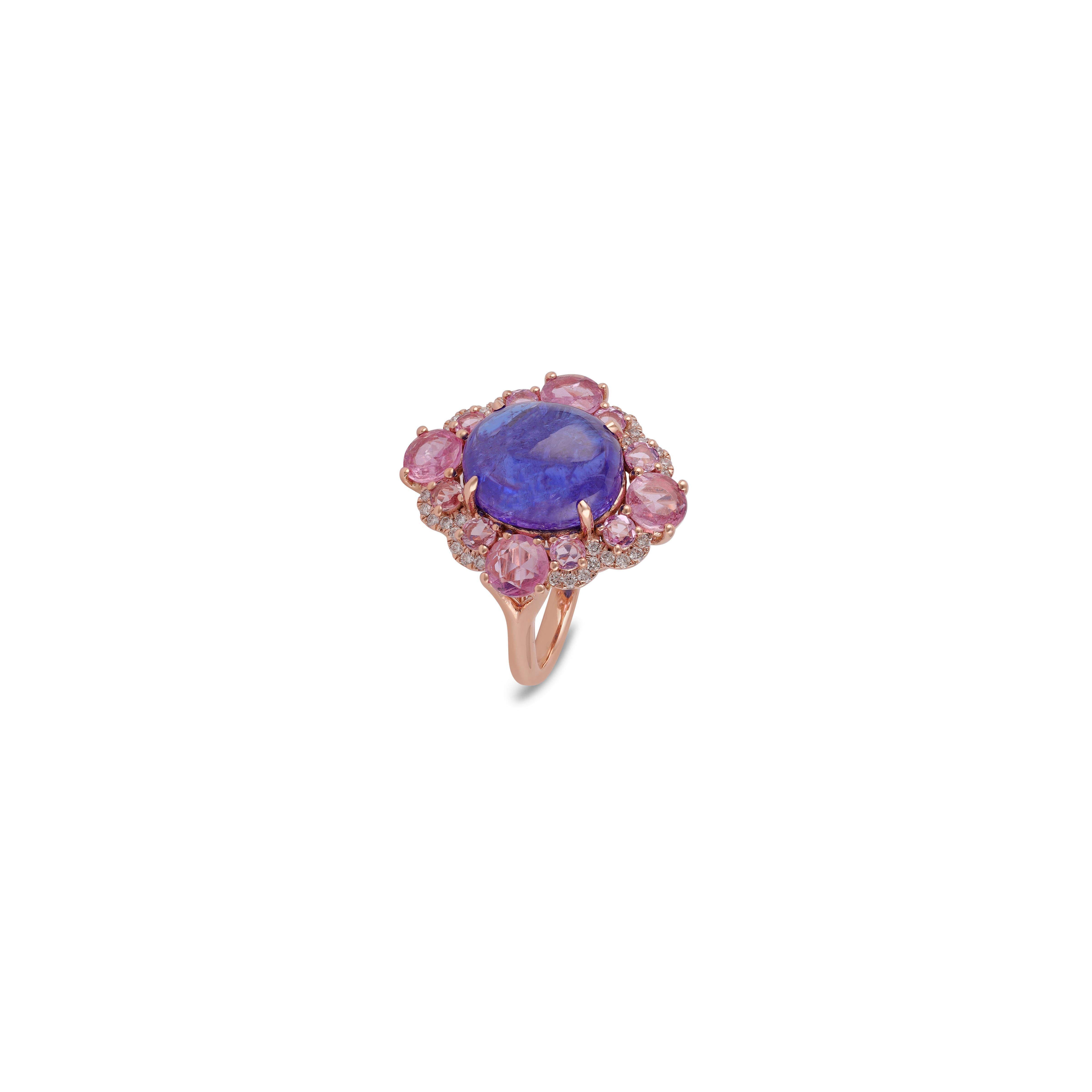 Cabochon 9 Carat Natural Tanzanite, Pink Sapphire and Diamond Ring 18k Rose Gold For Sale