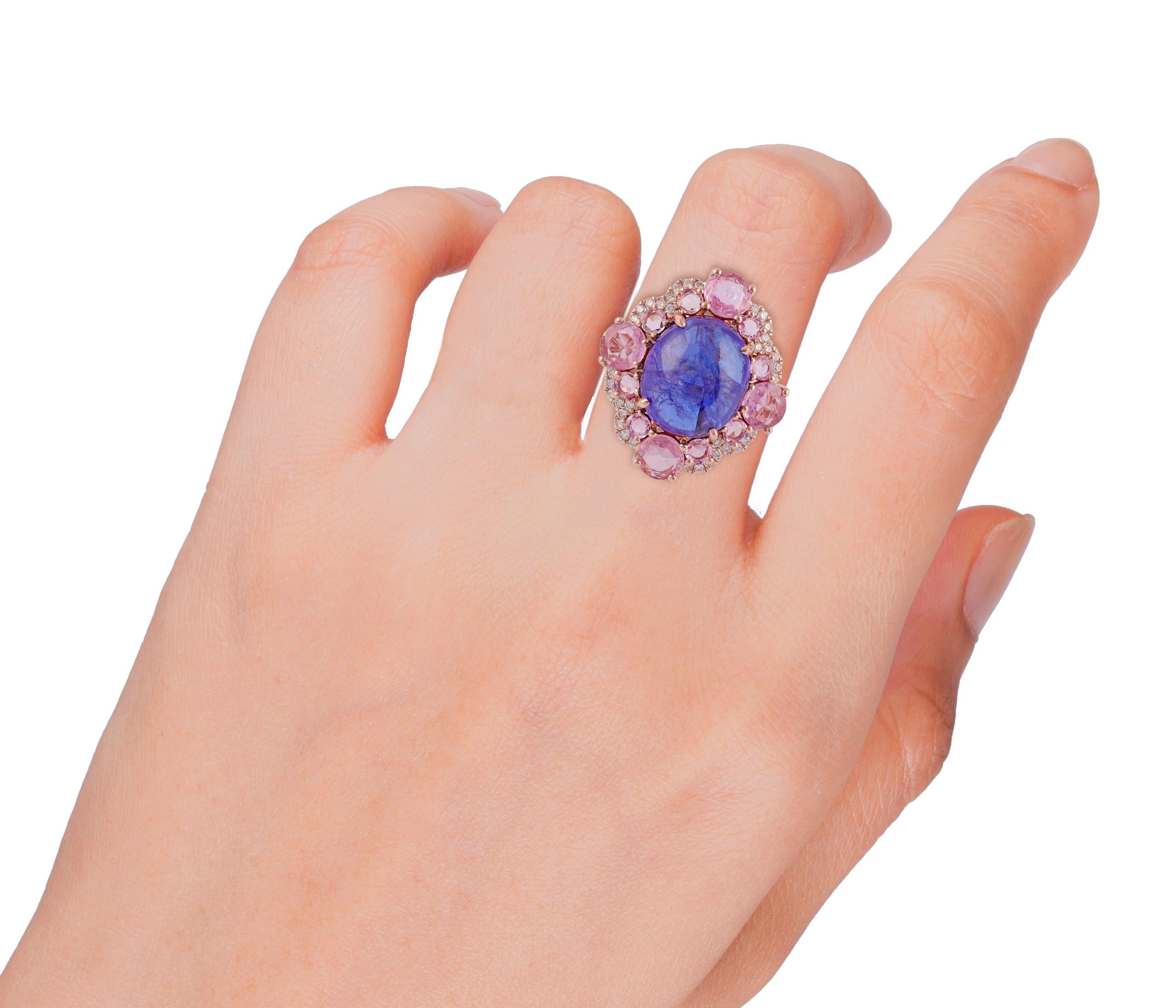 9 Carat Natural Tanzanite, Pink Sapphire and Diamond Ring 18k Rose Gold In New Condition For Sale In Jaipur, Rajasthan