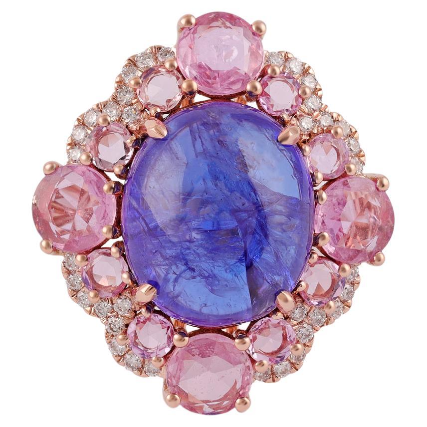 9 Carat Natural Tanzanite, Pink Sapphire and Diamond Ring 18k Rose Gold For Sale