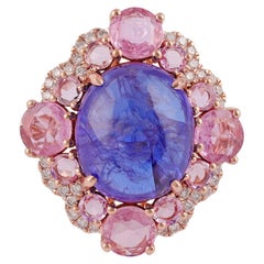 9 Carat Natural Tanzanite, Pink Sapphire and Diamond Ring 18k Rose Gold