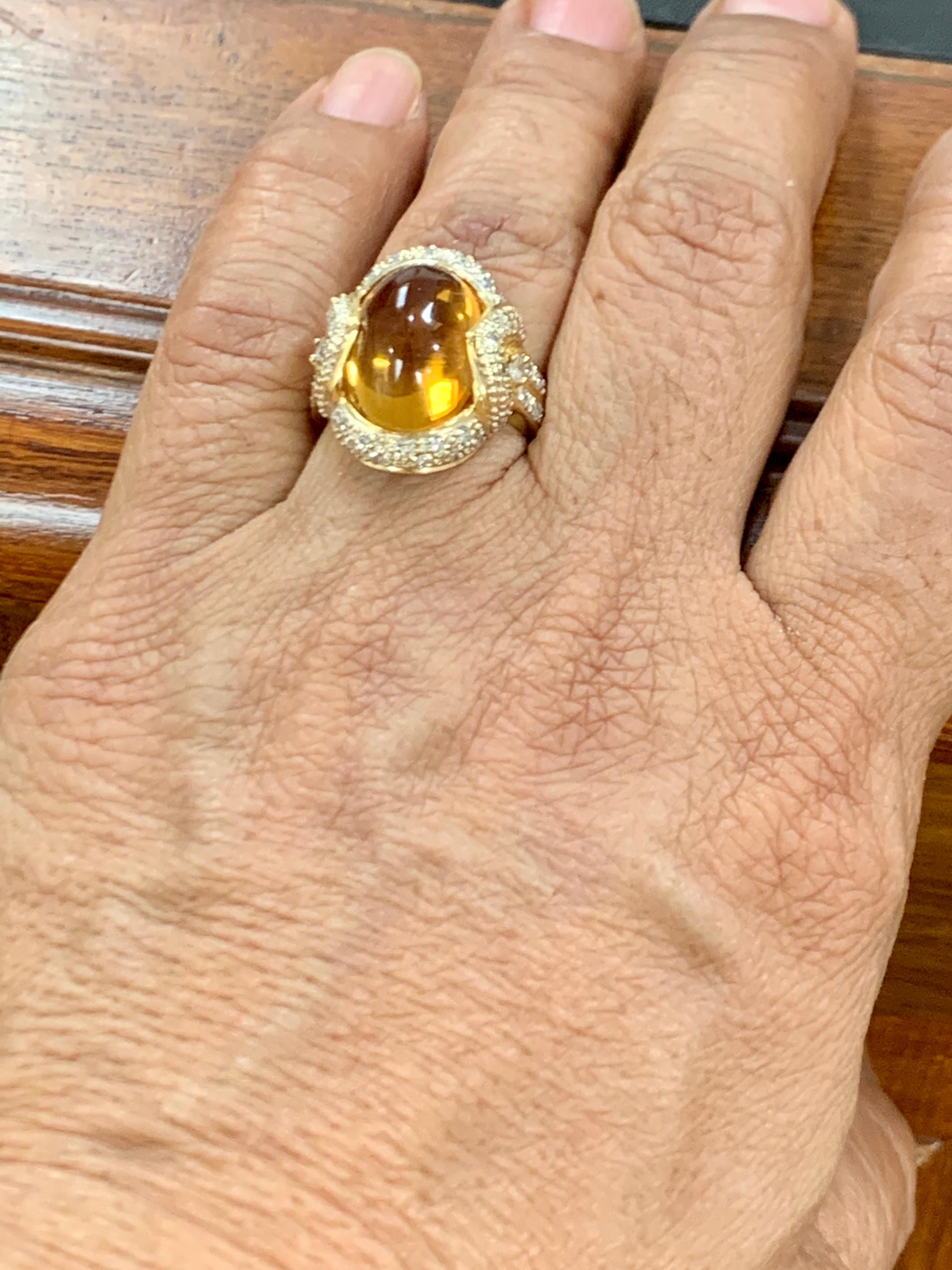 Oval Cut 9 Carat Oval Citrine Cabochon and Diamond Ring in 18 Karat Yellow Gold, Estate