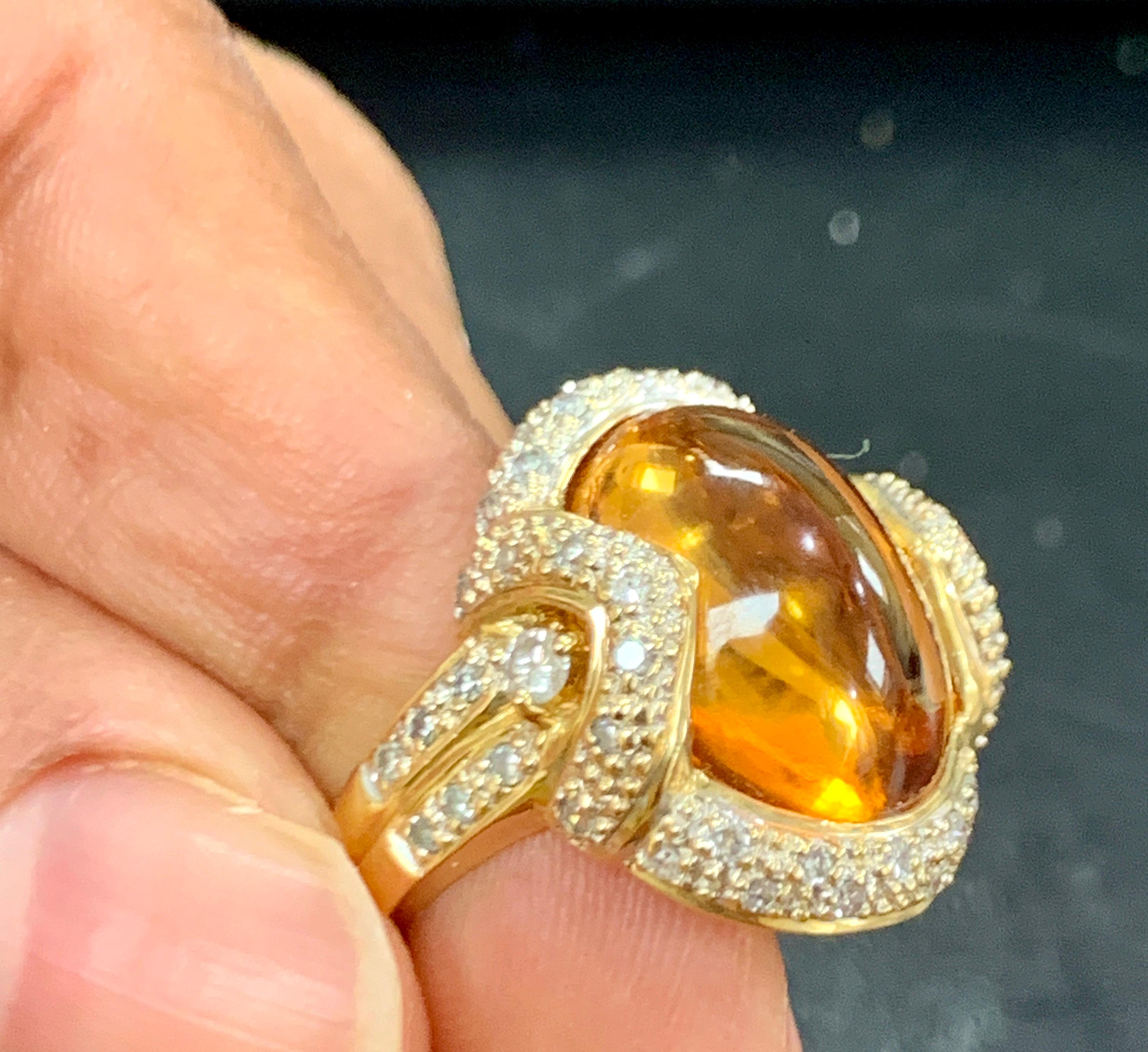 9 Carat Oval Citrine Cabochon and Diamond Ring in 18 Karat Yellow Gold, Estate In Excellent Condition In New York, NY