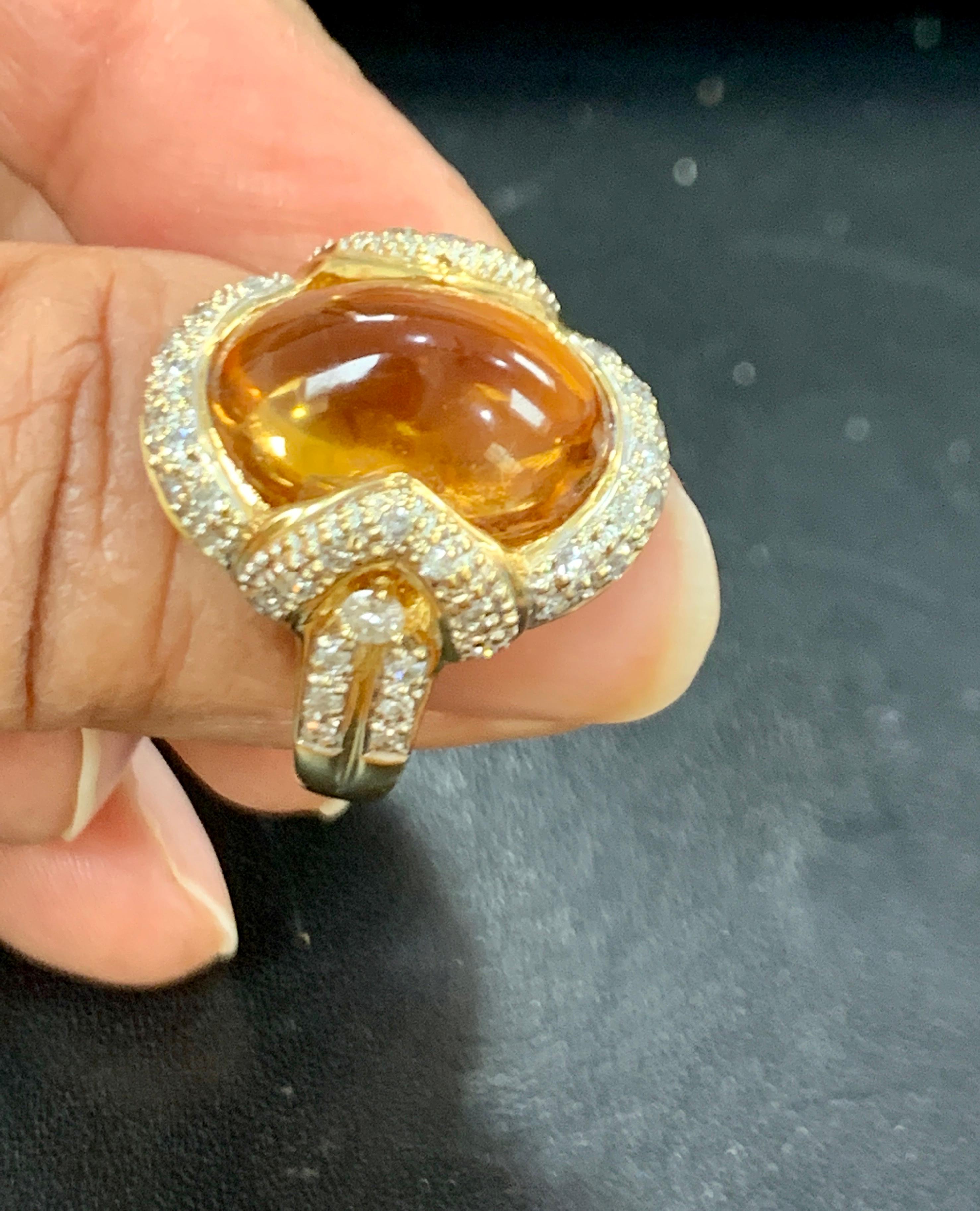 Women's 9 Carat Oval Citrine Cabochon and Diamond Ring in 18 Karat Yellow Gold, Estate