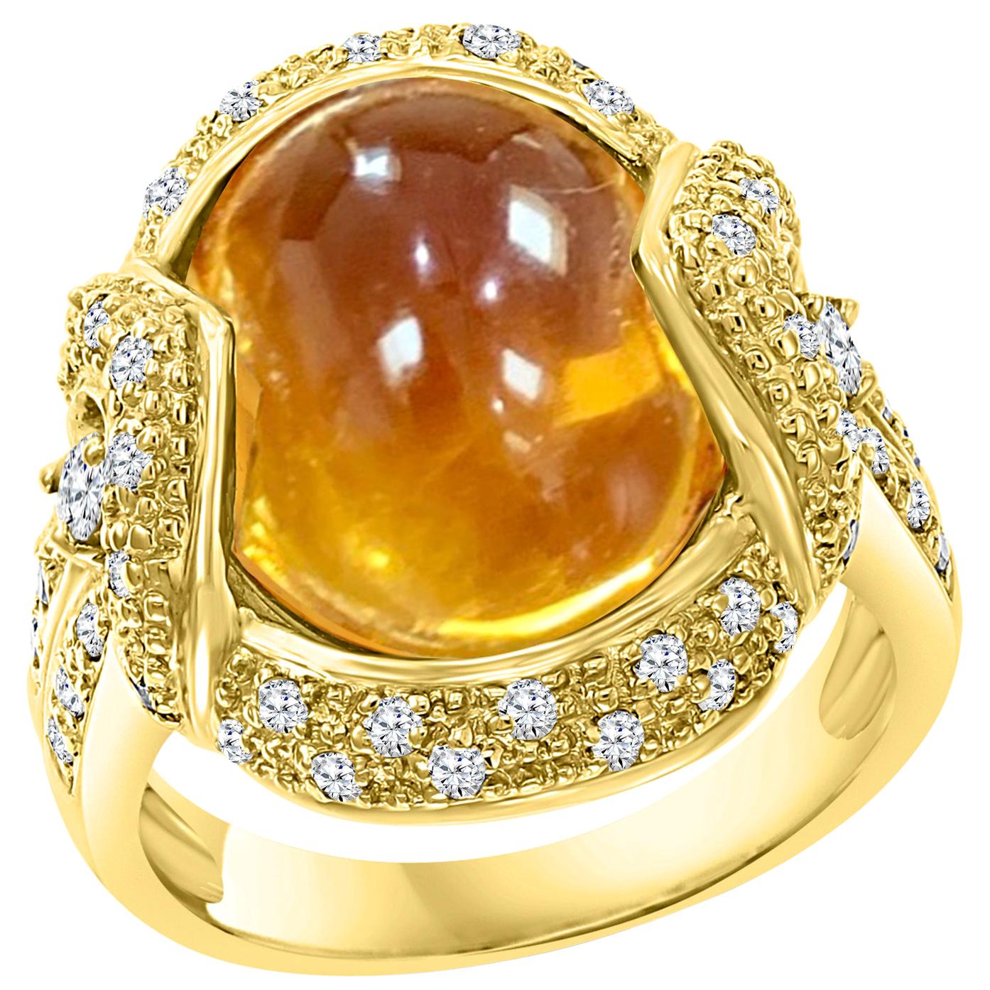 9 Carat Oval Citrine Cabochon and Diamond Ring in 18 Karat Yellow Gold, Estate