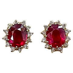9 Carat Oval Treated Ruby & 1.2 Ct Diamond Stud Earrings 14 Karat Yellow Gold