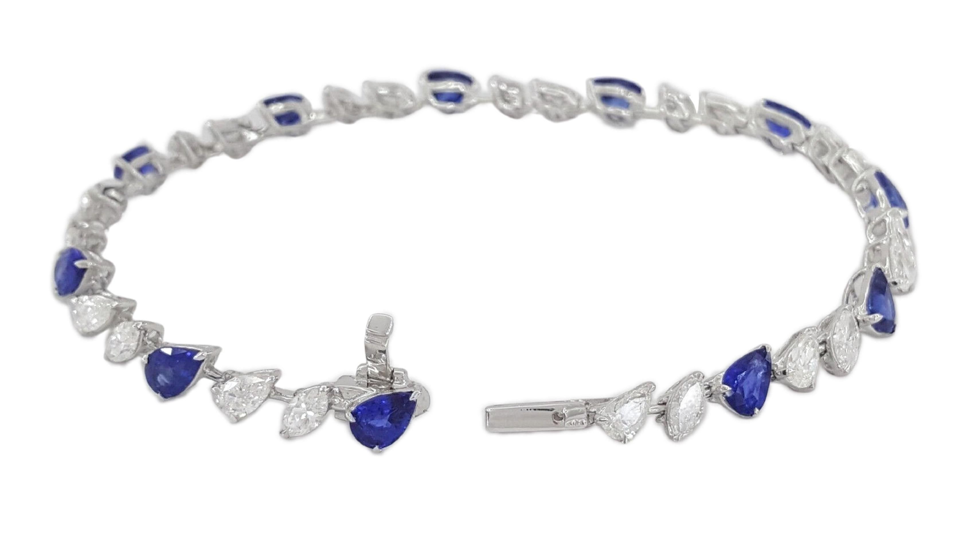 An exquisite and refined tennis bracelet composed by approximately 1.60 carats of natural pear cut diamonds, 1.62 carats of natural marquise cut diamonds, approximately 6 carats of pear royal blue sapphires set in 18 carats white gold.