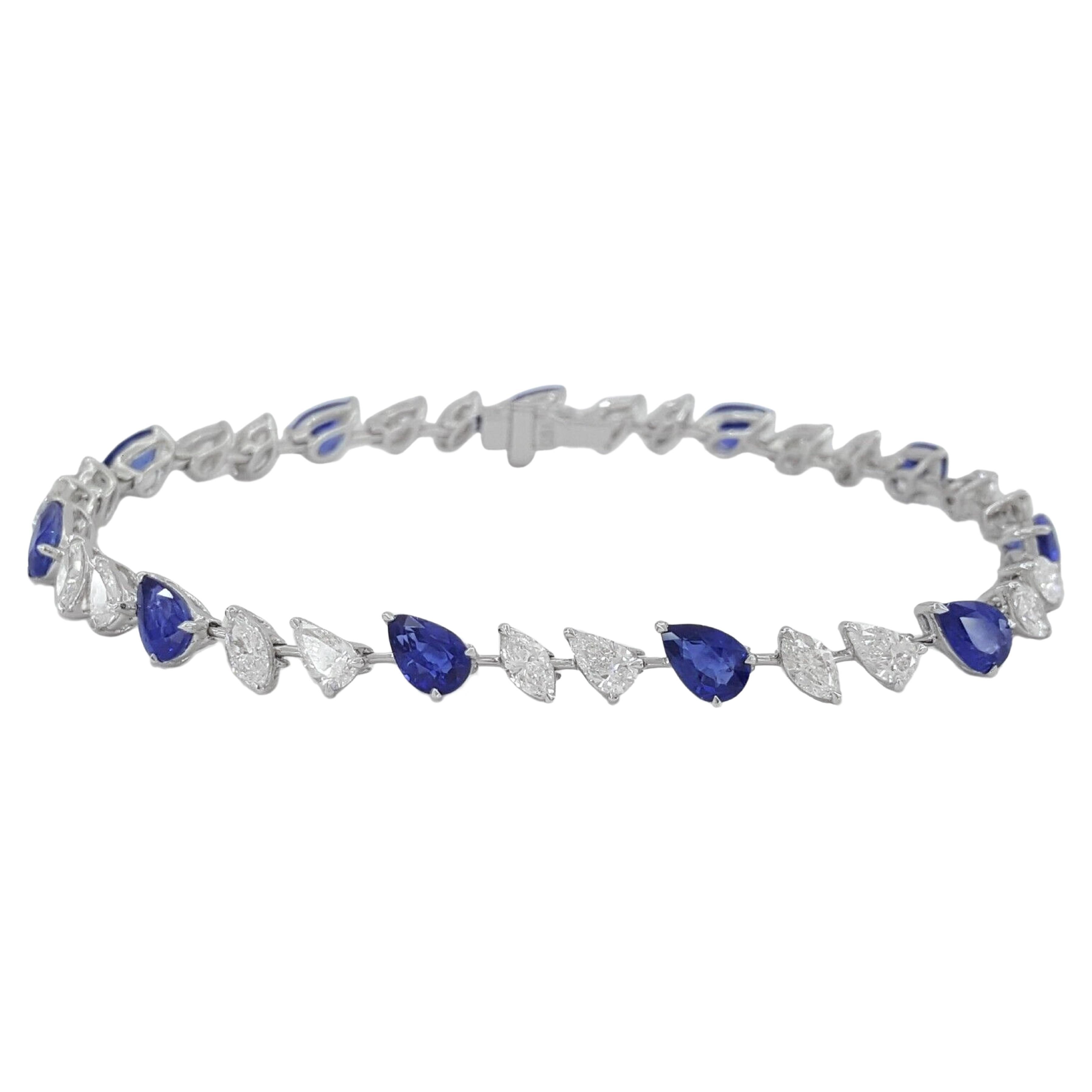 Tennisarmband mit 9 Karat birnenblauem Saphir im Marquise- und birnenförmigen Diamanten im Angebot