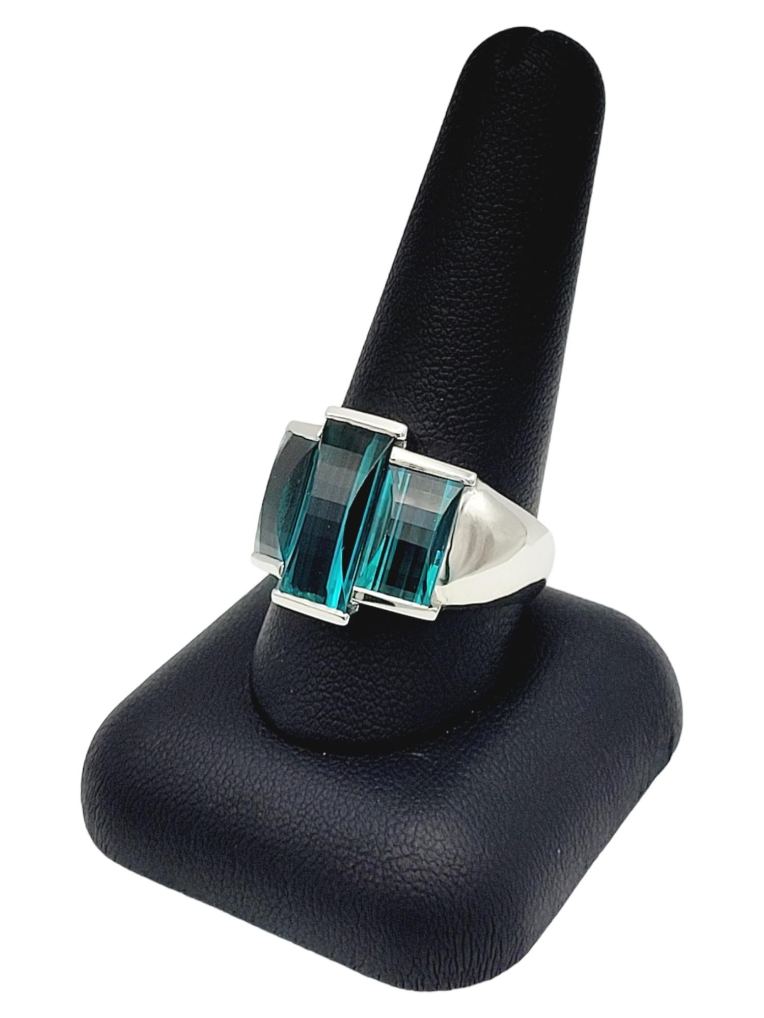9 Carat Rectangular Step Cut Three Stone Tourmaline Cocktail Ring in Platinum For Sale 8