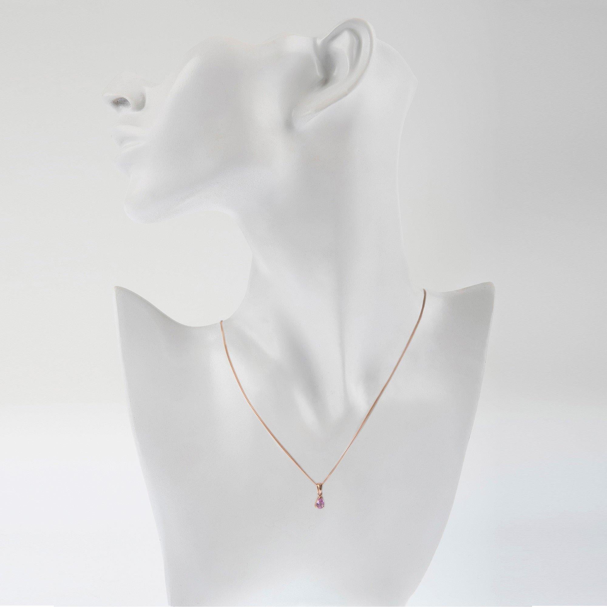 DESCRIPTION
This gorgeous petite pendant, designed as a pastel pink pear shape sapphire, sitting beautifully in a trendy rose gold.

A gorgeous piece, that is pretty and fresh. 

Like things to match, matching earrings also