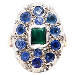9 Carat Rose Gold and Silver Blue Sapphire and Emerald Cluster Ring circa 1960s