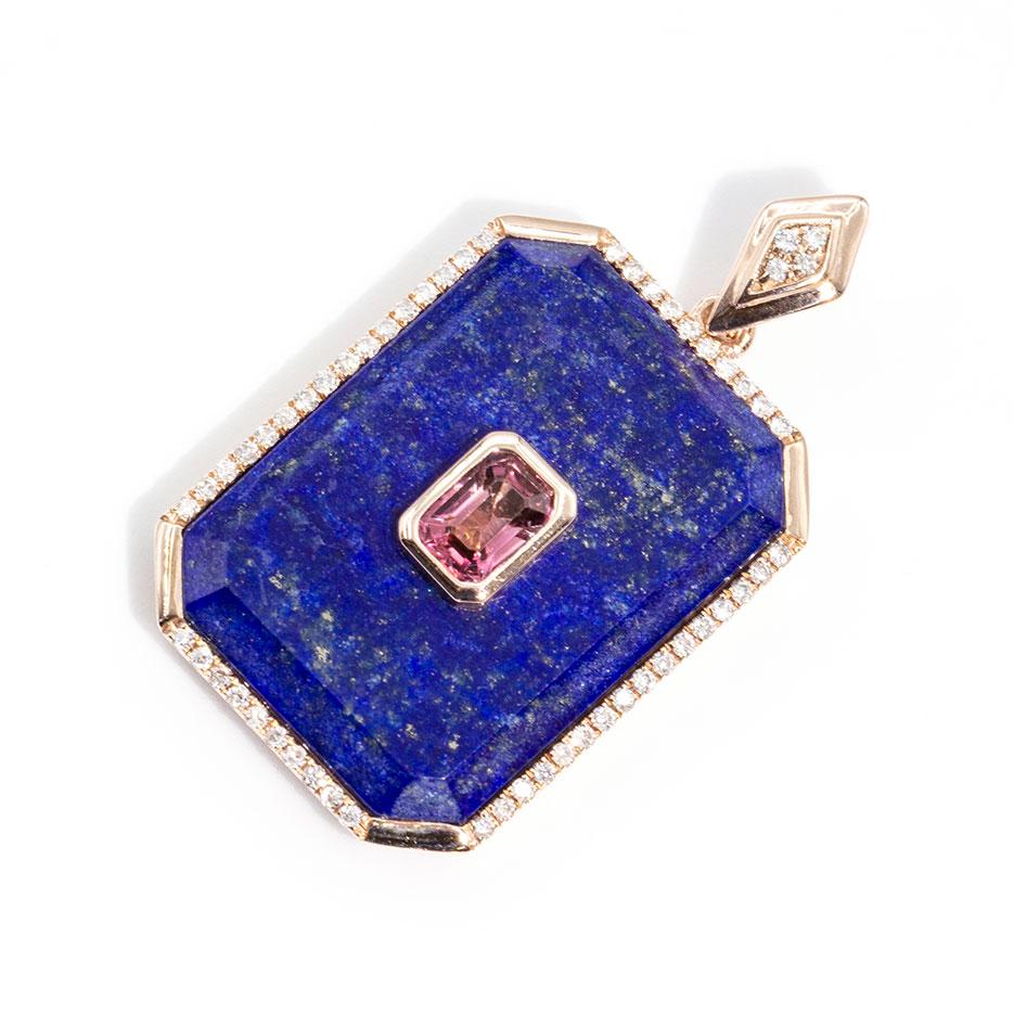 Carefully crafted in 9 carat rose gold is this gorgeous vintage Lapis Lazuli, Tourmaline and Diamond enhancer pendant. The spectacular rich blue colour of the Lapis Lazuli is perfectly complimented by the softness of the pink Tourmaline.  We have