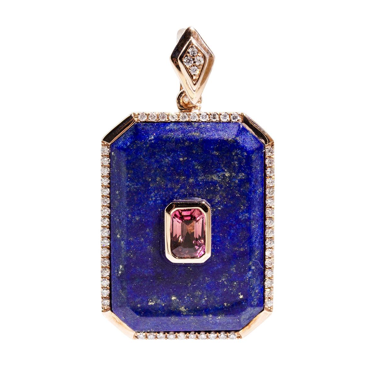 9 Carat Rose Gold Lapis Lazuli Tourmaline and Diamond Vintage Enhancer Pendant In Good Condition In Hamilton, AU
