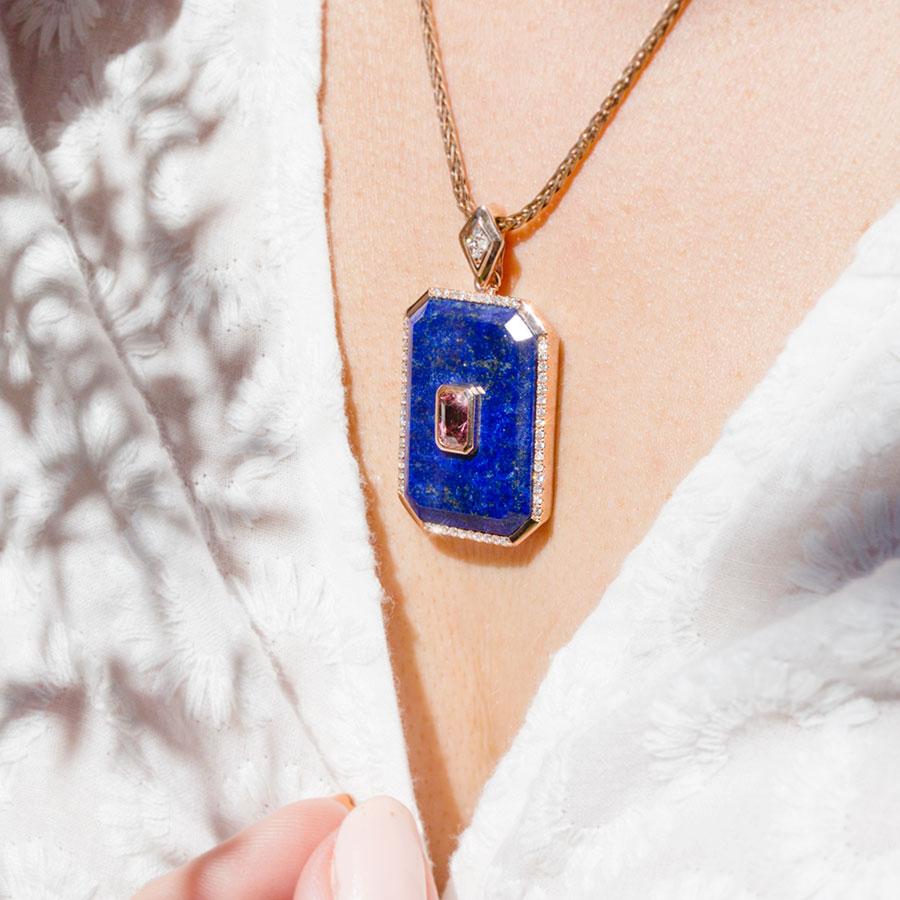Women's 9 Carat Rose Gold Lapis Lazuli Tourmaline and Diamond Vintage Enhancer Pendant