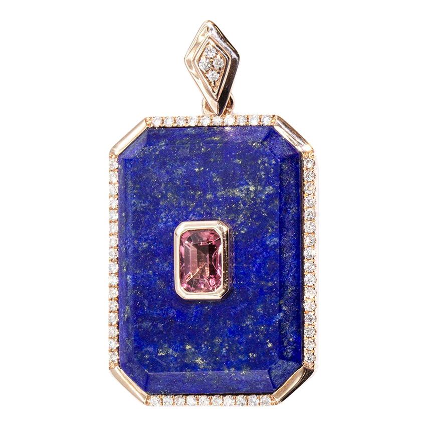 9 Carat Rose Gold Lapis Lazuli Tourmaline and Diamond Vintage Enhancer Pendant