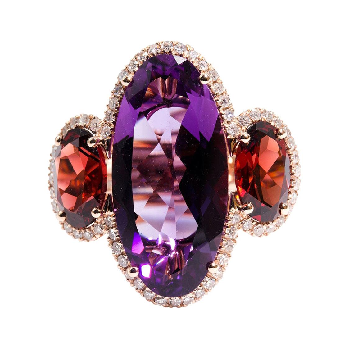 9 Carat Rose Gold Oval Amethyst Garnet and Diamond Vintage Ring