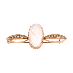 9 Carat Rose Gold Pink Conch Shell Cameo and Pearl Antique Victorian Brooch