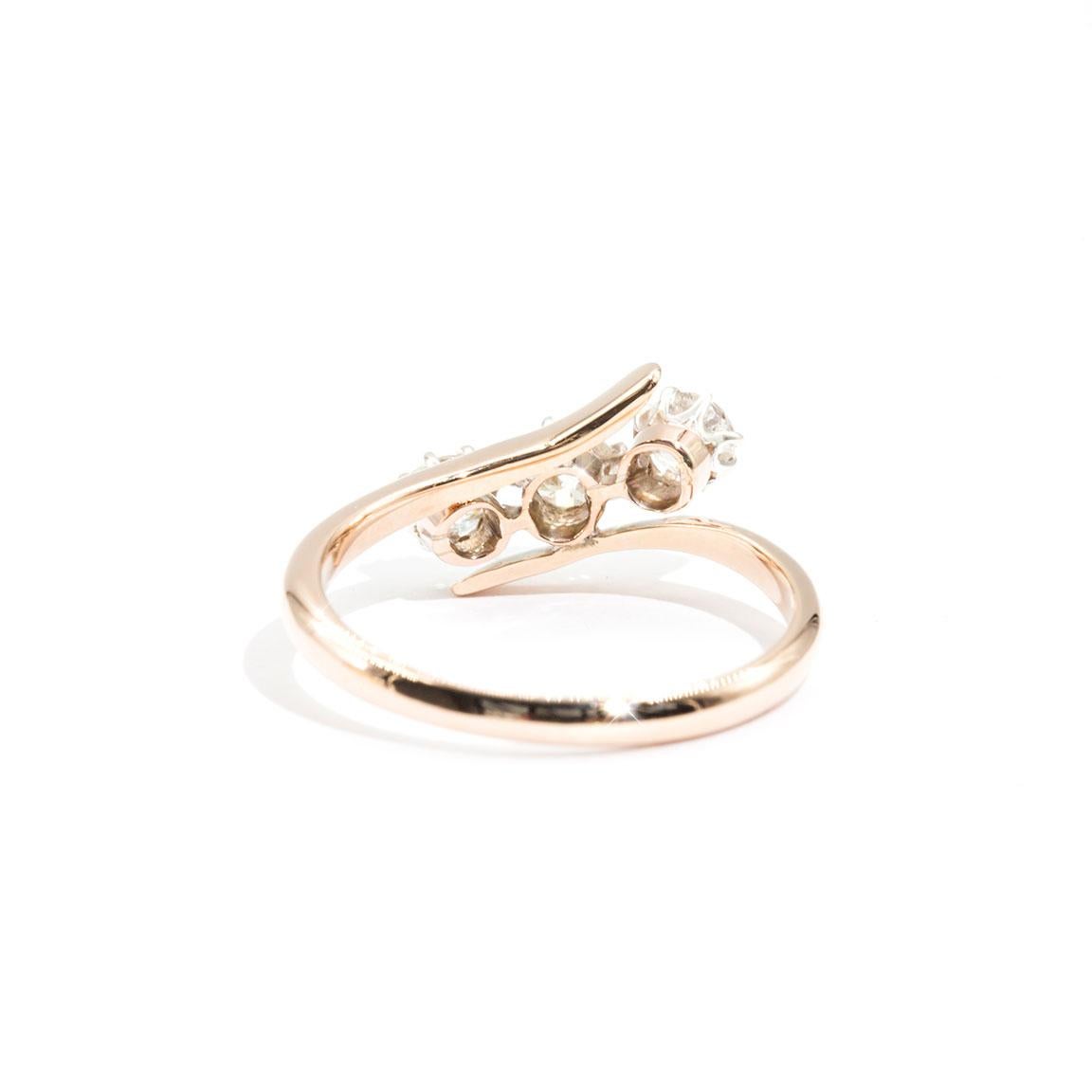 Modern 9 Carat Rose Gold Three Stone Crossover Trilogy Old Cut Diamond Vintage Ring