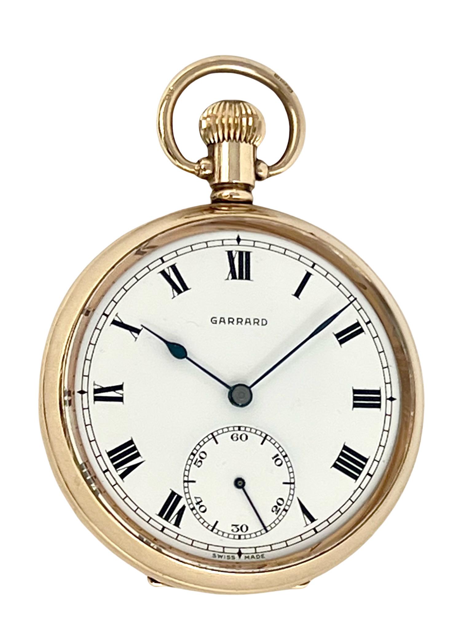 9 Carat Solid Gold Open Faced Pocket Watch by Garrard For Sale 2
