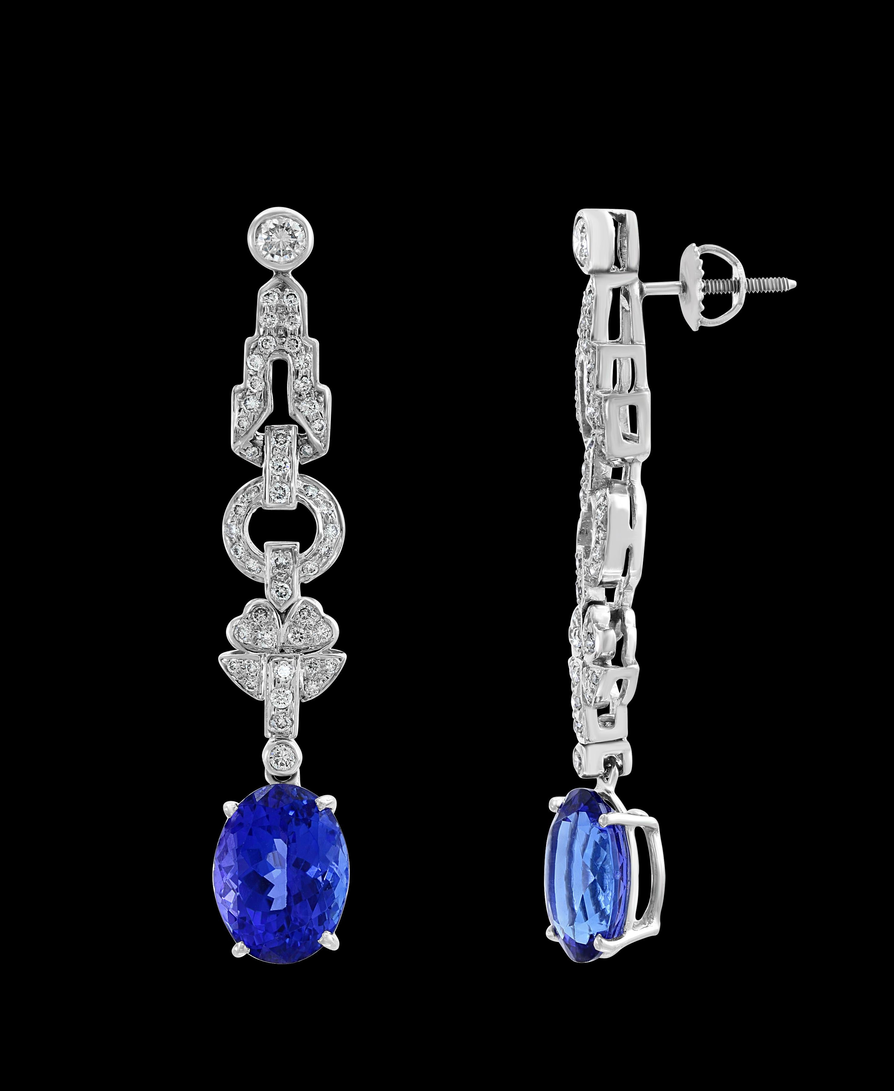 Oval Cut 9 Carat Tanzanite & Diamond Hanging /Cocktail  Drop Earring 14 Karat White Gold