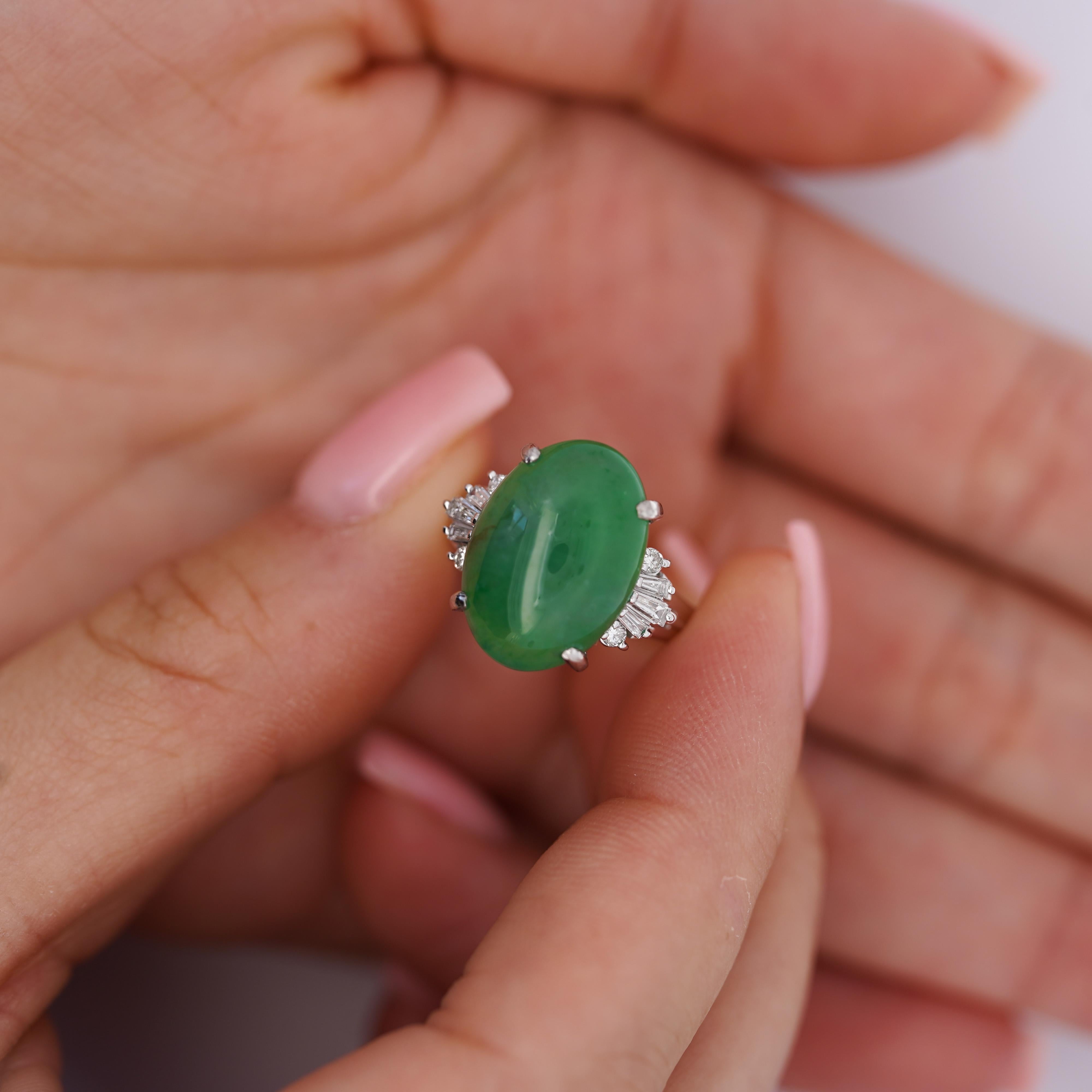 9 Carat Untreated Jadeite Jade Fei Cui and Diamond Platinum Ring HK Certified For Sale 1