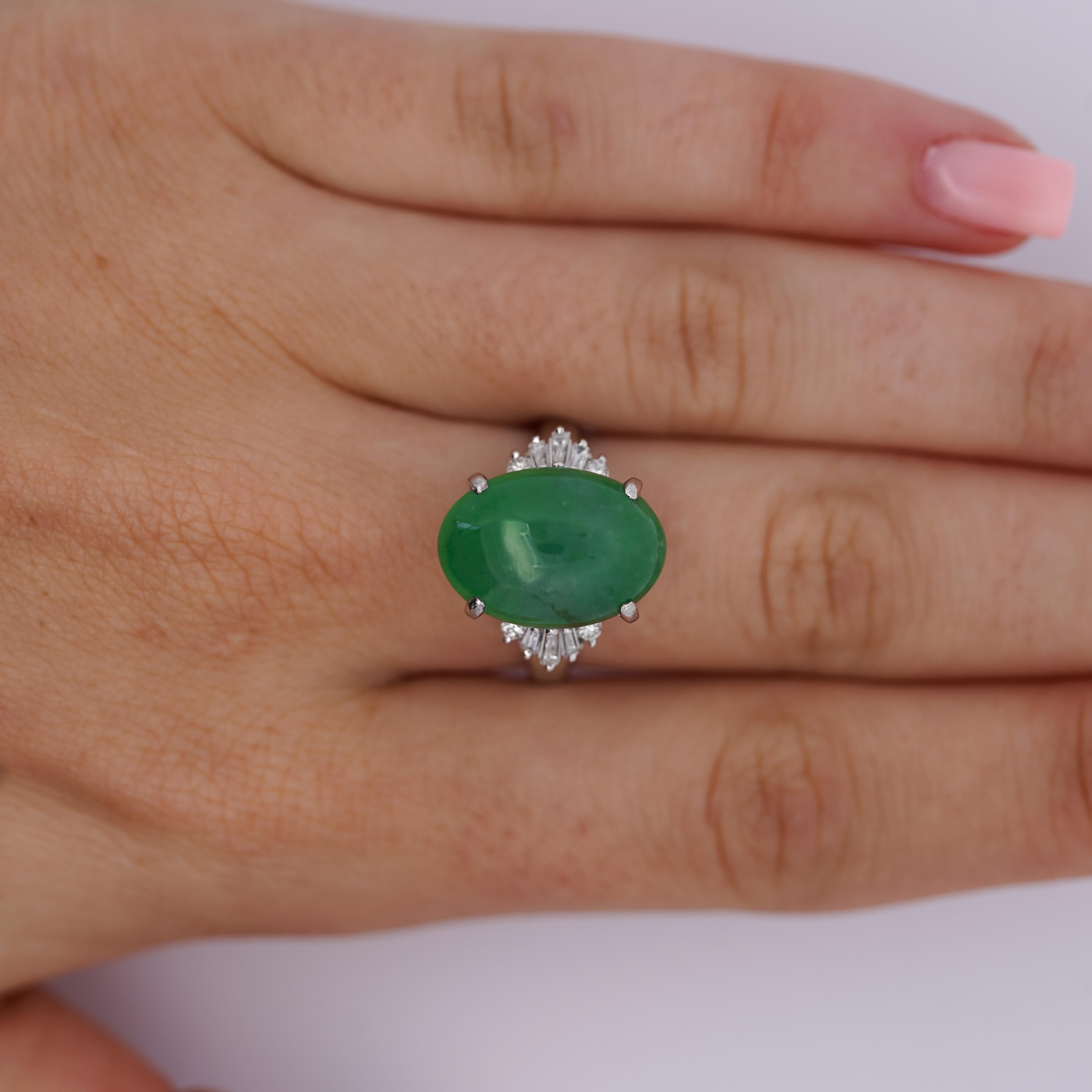 9 Carat Untreated Jadeite Jade Fei Cui and Diamond Platinum Ring HK Certified For Sale 3