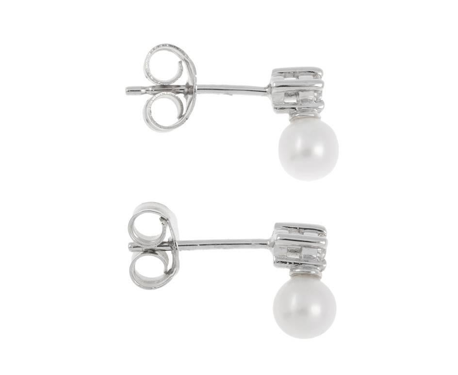 Modern 9 Carat White Gold Cultured Pearl and Diamond Earrings