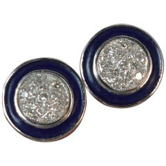 9 Carat White Gold Blue Enamel and Diamond Stud Earrings