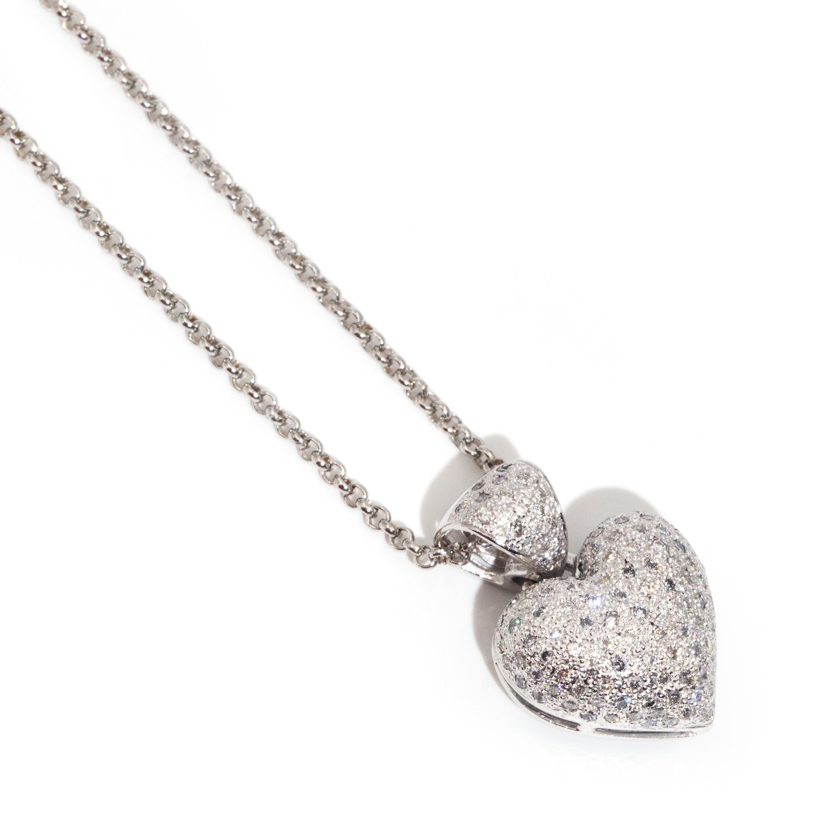 9 Carat White Gold Brilliant Diamond Puffy Heart Pendant with Belcher Chain In Good Condition In Hamilton, AU