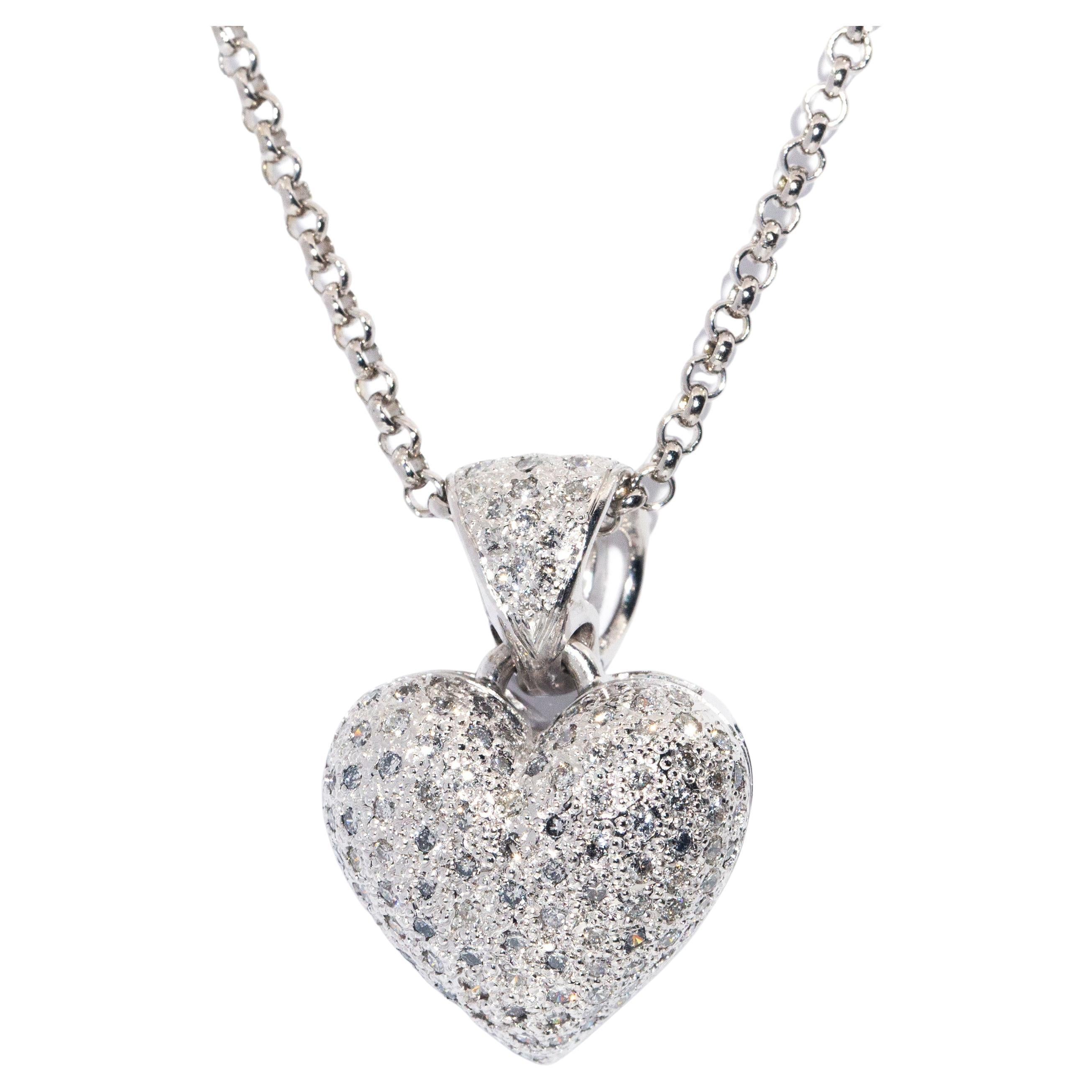 9 Carat White Gold Brilliant Diamond Puffy Heart Pendant with Belcher Chain