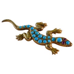 9 Carat Yellow Gold Antique Turquoise and Ruby Lizard Brooch