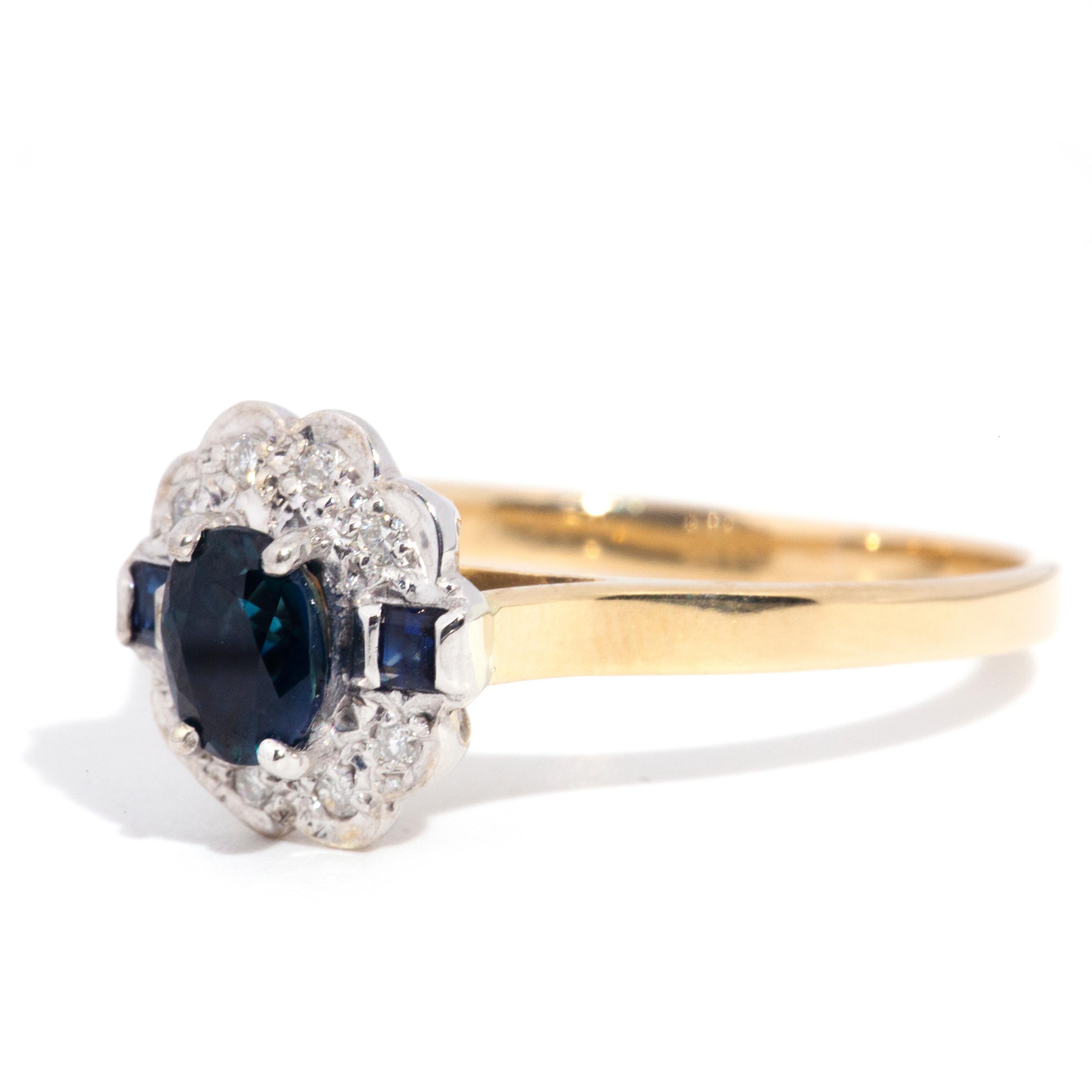9 Carat Yellow Gold Diamond and Dark Oval and Square Blue Sapphire Cluster Ring 5