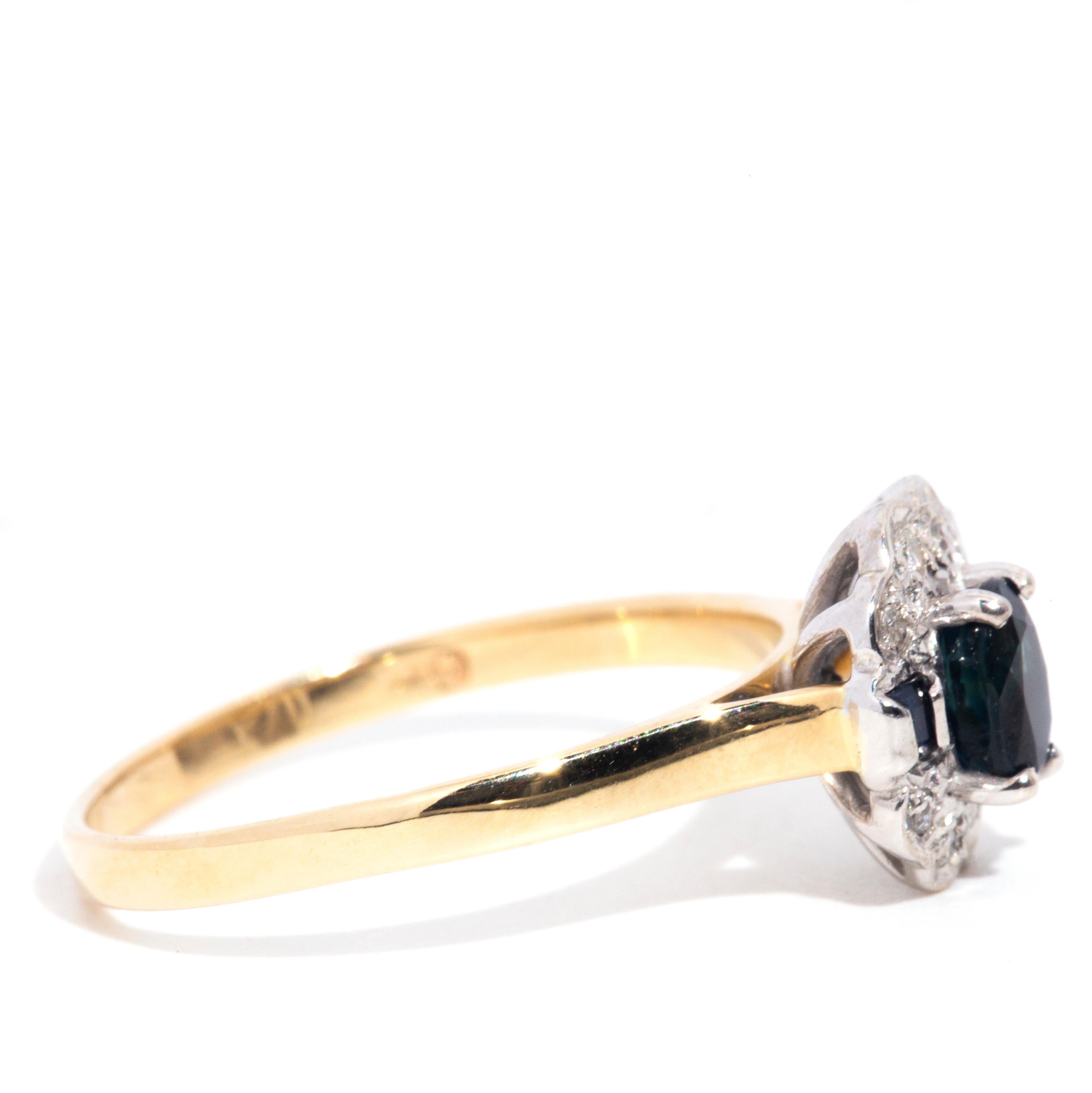Oval Cut 9 Carat Yellow Gold Diamond and Dark Oval and Square Blue Sapphire Cluster Ring
