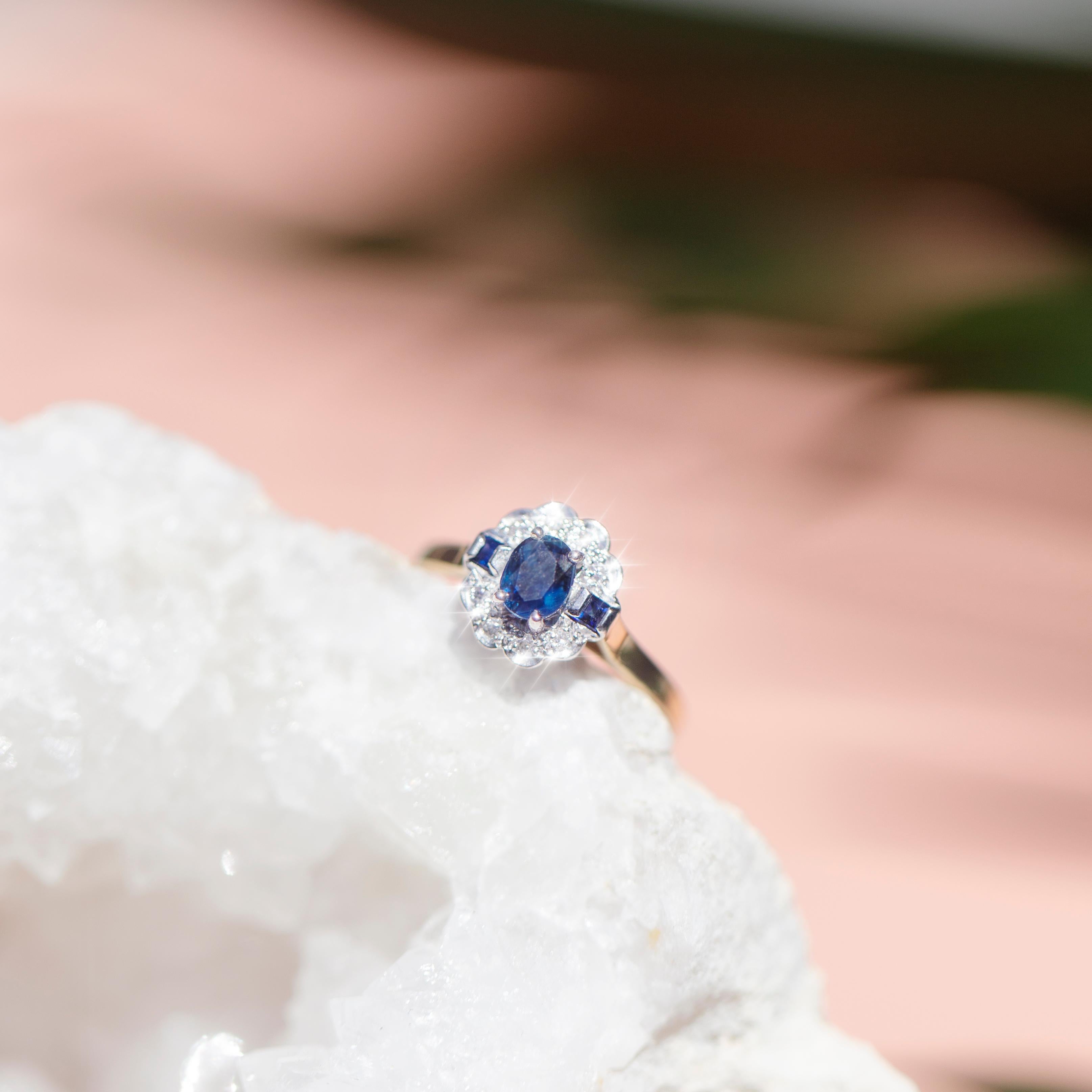 9 Carat Yellow Gold Diamond and Dark Oval and Square Blue Sapphire Cluster Ring In Good Condition In Hamilton, AU