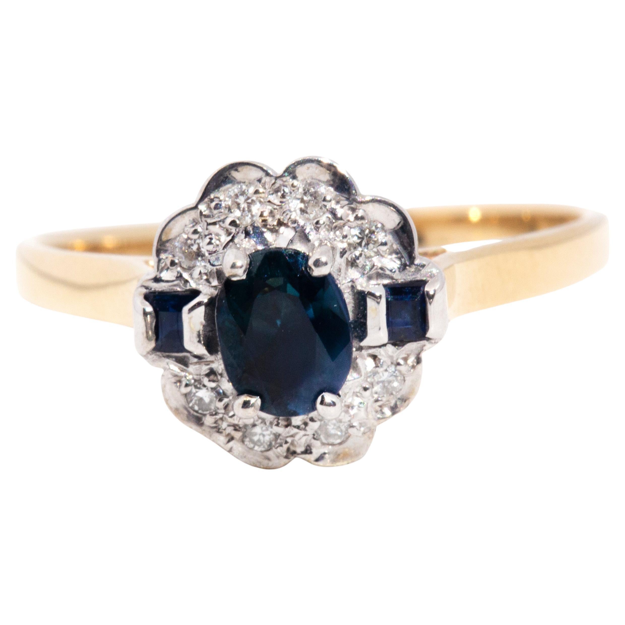 9 Carat Yellow Gold Diamond and Dark Oval and Square Blue Sapphire Cluster Ring