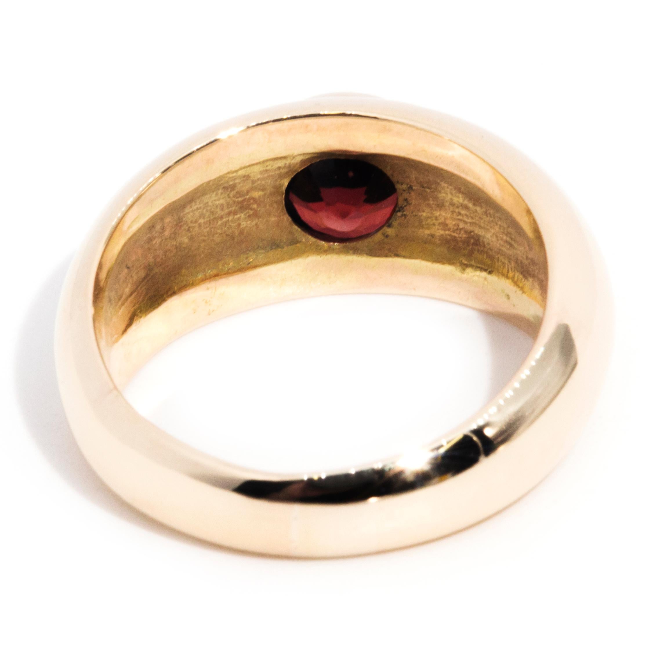 Women's 9 Carat Yellow Gold Faceted Round Dark Red Garnet Vintage Domed Dress Ring