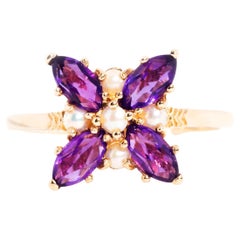 9 Carat Yellow Gold Marquise Cut Amethyst and Half Seed Pearl Vintage Ring