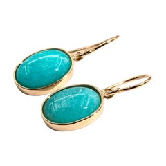 9 Carat Yellow Gold Oval Aqua Amazonite Cabochon Vintage Drop Earrings