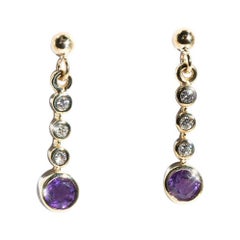 9 Carat Yellow Gold Purple Amethyst and Round Brilliant Diamond Drop Earrings